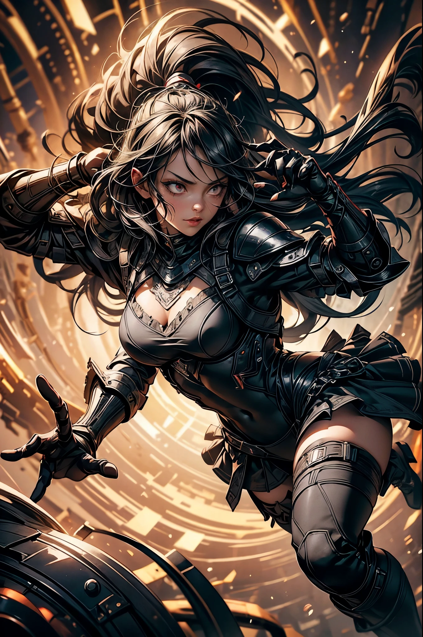 Dark-haired Scandinavian girl wearing half-plate armor and a frilly skirt over a skin-tight black bodysuit, (black long hair:1.4), red eyes,attractive breasts、HDR (high dynamic range), ray tracing, NVIDIA RTX, super resolution, Scattered beneath the surface, anisotropic filtering, Depth of the bounds written ,Maximum clarity and sharpness, surface shading, two-tone lighting
