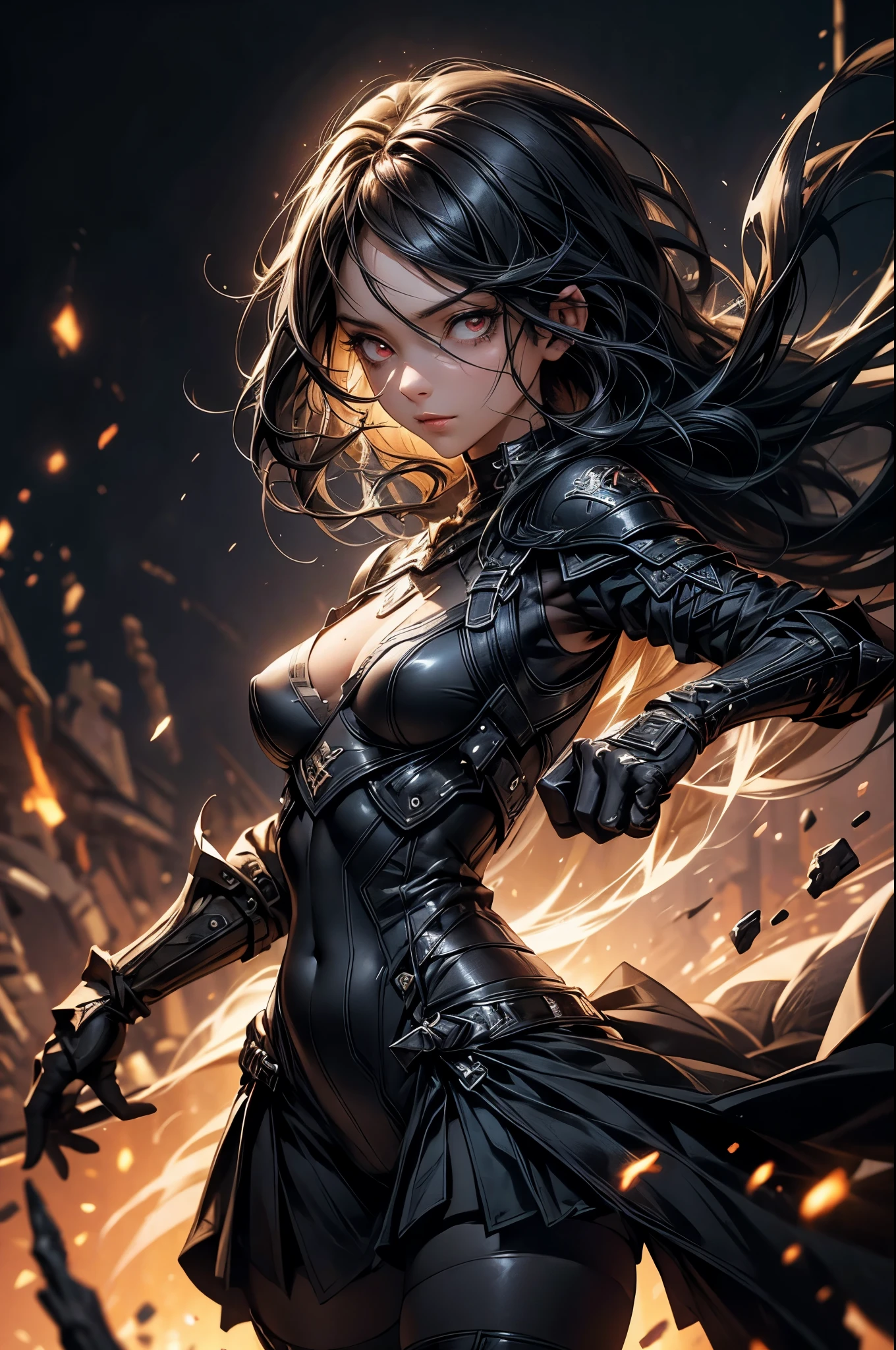 Dark-haired Scandinavian girl wearing half-plate armor and a frilly skirt over a skin-tight black bodysuit, (black long hair:1.4), red eyes,attractive breasts、HDR (high dynamic range), ray tracing, NVIDIA RTX, super resolution, Scattered beneath the surface, anisotropic filtering, Depth of the bounds written ,Maximum clarity and sharpness, surface shading, two-tone lighting