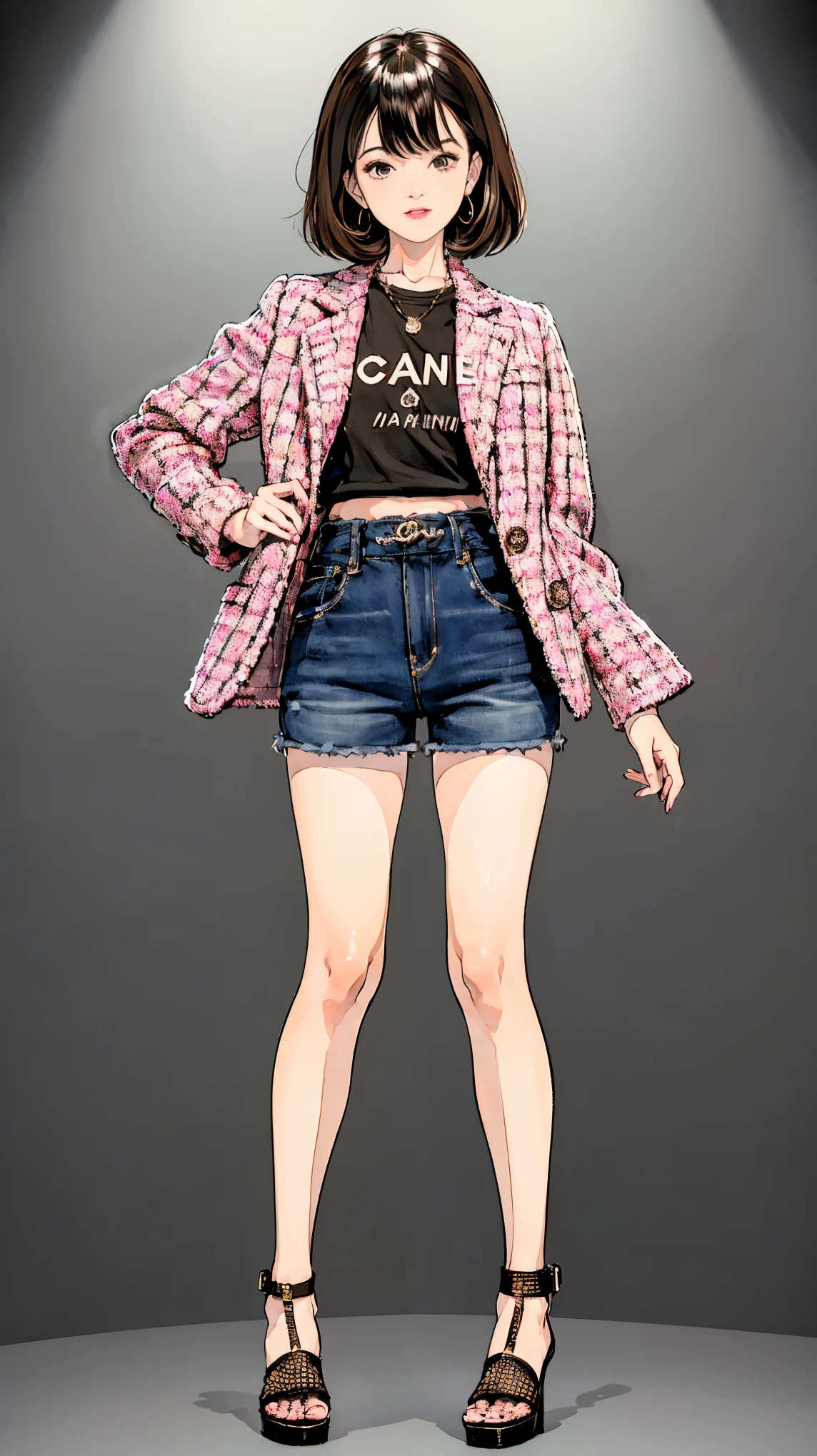 ((best quality,4k,highres,masterpiece:1.2)),((character concept art)), 1 female, , Japanese. Known for her lively personality and friendly demeanor, she radiates an outgoing charm. With her contagious smile and bright eyes, she effortlessly draws people towards her. Her body language is as inviting as her personality, always open and engaging. (((She's usually seen in a Chanel Pink Tweed Jacket and Chanel Pink Tweed Shorts))), her casual and comfortable persona reflected in her relaxed manner of wearing them. ((intricate detail)), super finely detailed hands, ultra finely detailed fingers(((ten fingers))), (standing confidently), (full body showcase), (show full body), (no logos on background), (no logo), ((plain background)), ((plain background)), (((empty background))).