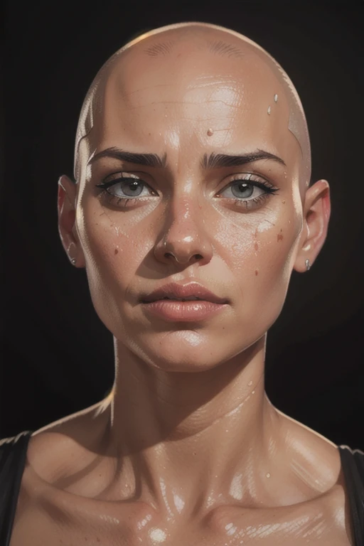 hyper realism, high quality, woman, oily, bald, face, portrait, close up, front view