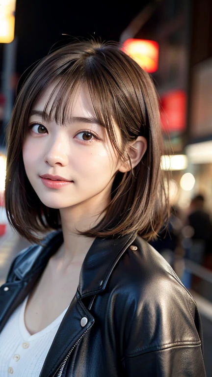 (((Shoulder-length straight brown hair mini bob)))、(((目が細くlight eye makeup)))、(((standing alone on the rider'Black leather jacket with the backdrop of a nighttime Kabukicho alley.)))、(((Please come wearing clothes that cover your arms.)))、Half Japanese and Korean、18 year old girl、independent、facing forward、light eye makeup、brown hair color、flat 、hair blowing in the wind、quality of actress、shiny, super realistic face、smileの表情、Moist eyes、look up、Calming lighting effects、 ultra-realistic capture、very detailed、High resolution 16K close-up of human skin。Skin texture must be natural、Must be so detailed that pores are visible、skin is healthy、Must be an even tone、Use natural light and color、High quality photos taken by a modeling agency'Exclusive photographer、smile