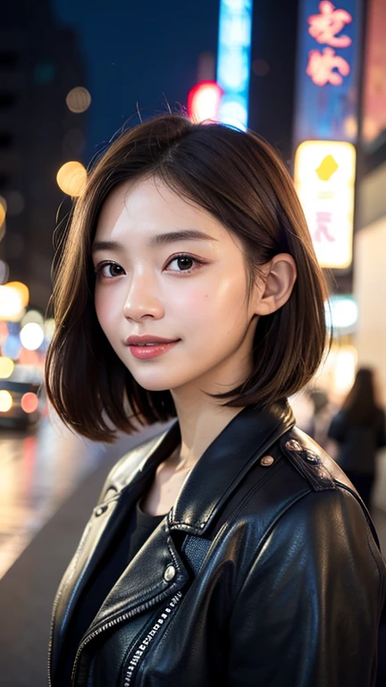 (((Shoulder-length straight brown hair mini bob)))、(((目が細くlight eye makeup)))、(((standing alone on the rider&#39;Black leather jacket with the backdrop of a nighttime Kabukicho alley.)))、(((Please come wearing clothes that cover your arms.)))、Half Japanese and Korean、18 year old girl、independent、facing forward、light eye makeup、brown hair color、flat 、hair blowing in the wind、quality of actress、shiny, super realistic face、smileの表情、Moist eyes、look up、Calming lighting effects、 ultra-realistic capture、very detailed、High resolution 16K close-up of human skin。Skin texture must be natural、Must be so detailed that pores are visible、skin is healthy、Must be an even tone、Use natural light and color、High quality photos taken by a modeling agency&#39;Exclusive photographer、smile
