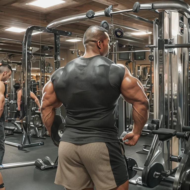 (one or two bodybuilders:1.4), (back view:1.4), (tank top:1.4), (at gym:1.4), 40's, Japanese man, manly face, fat face, (round face:1.4), (monolid eyes:1.2), (buzz cut:1.4), very large and strong body, bulky body, beefy muscles, (bulging muscles:1.4), (very large pectoral muscles:1.4), (muscular arms:1.4), muscular abs, muscular legs, muscular back, brightens oily skin, master piece, (realistic:1.4), panorama, distant view