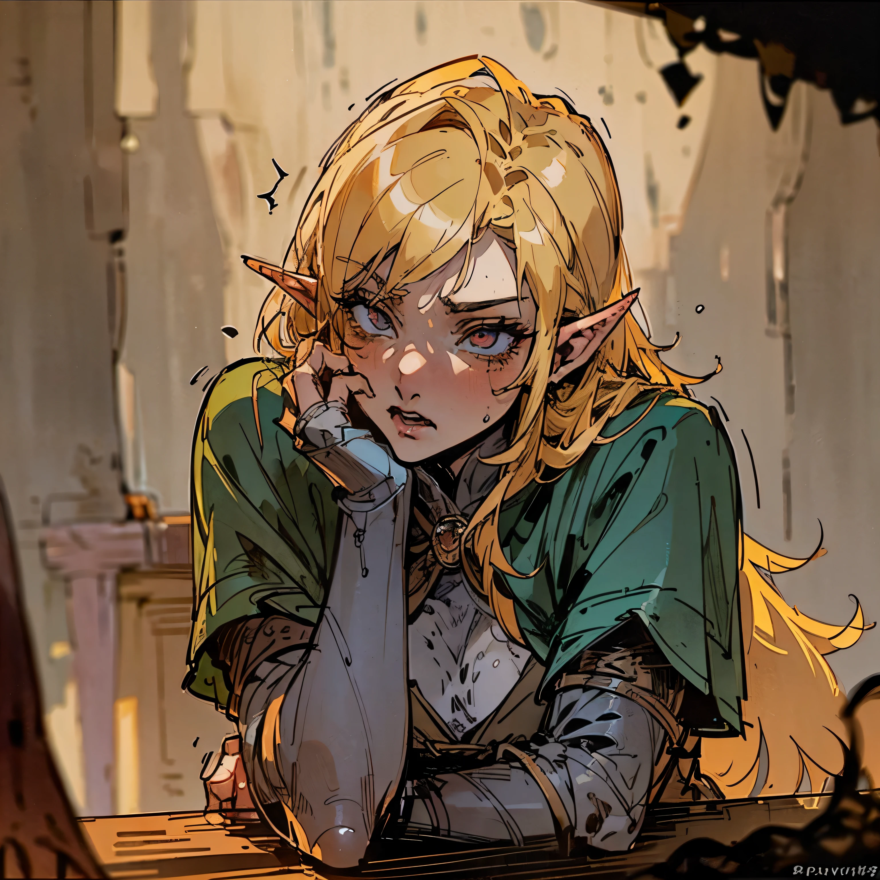 (POV: drinking together in tavern) , Blond haired tsundere elf, Hunter, confident, softened look, assertive, genre: dark fantasy, adventurer, [Close up, detailed, detailed face, detailed body] (Background: inside a dark Tavern, dark lighting, Dark gloomy tavern)