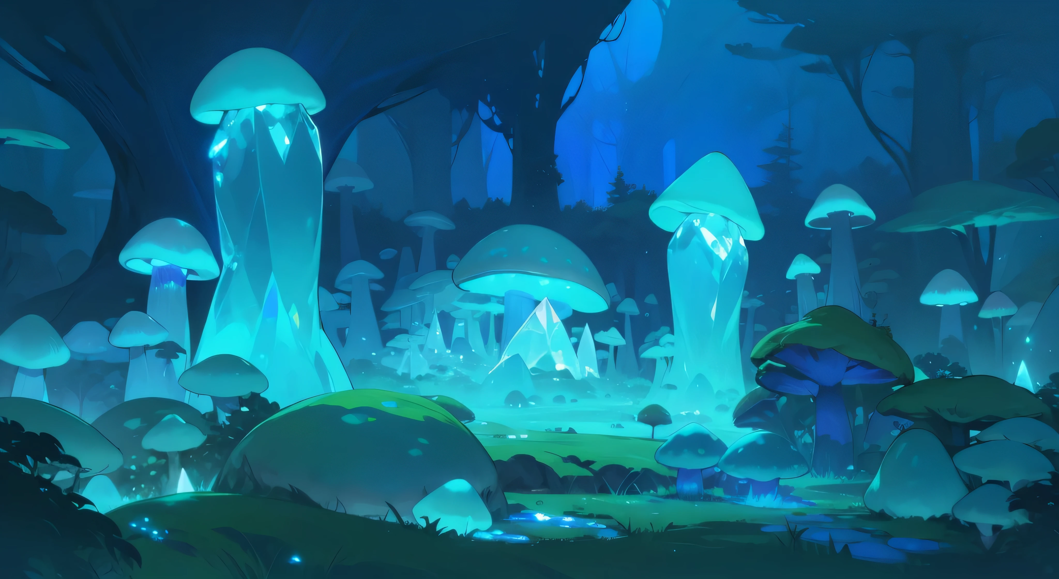 there is a very large area with a lot of small mushrooms, luminescent concept art, glowing blue mushrooms in mire, stylized concept art, cave glowing stones, concept art magical highlight, crystal forest, stylized game art, glowing crystals on the ground, background artwork, background art, indie game concept art, magical fantasy 2 d concept art