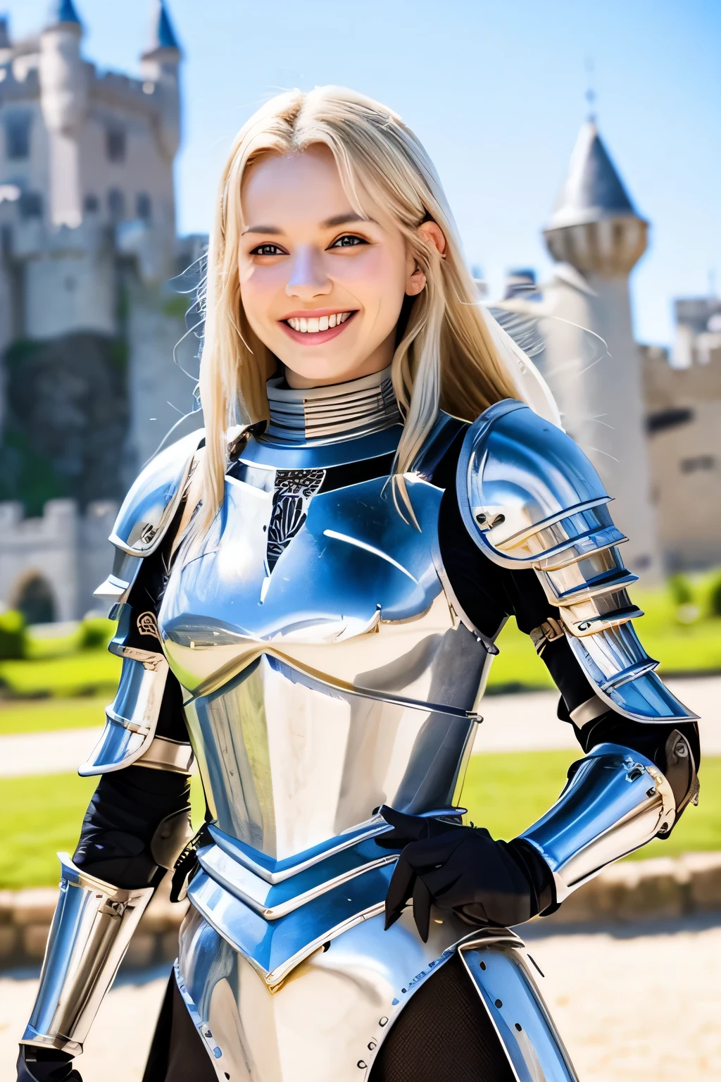 8K、highest quality、female knight、The background is a castle、Luxurious Silver Armor、heavy equipment、hairstyle semi long、smile、beautiful teeth、full body photo、ear piercing、white woman、blonde、blue eyes、Gummy Smile、medieval helmet
