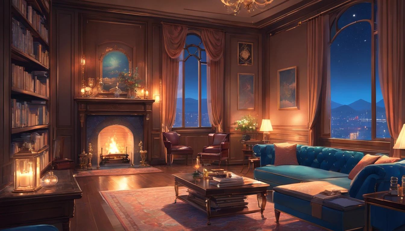 Rich, Luxury Living room, Late night, four windows, one front door in the far right, one window to the left, white sofa facing away from the windows and the door, textured wallpaper, polished wooden floor, grand fireplace, glass coffee table, fresh flowers, grand moon lighting, neutral color palette, silver accents, blue moon light shining in through from the windows, wooden floor, elegant white curtains, high ceiling, soft carpet, cozy fireplace, dimly lit, a glass of fine red wine, plush cushions, intricate woodwork, antique decor, oil painting on the wall, bookshelf filled with leather-bound books, a glimpse of city lights in the distance, ground floor, a sense of tranquility and opulence. (best quality, high resolution), (luxurious:1.2), (moonlit), (sophisticated:1.1), (classical music), (quiet atmosphere), (subtle), (cold), (expensive taste), (refined craftsmanship), (exquisite attention to detail), (atmosphere of indulgence), (time-honored traditions), (lavish comfort), (best quality, 4k, highres), (ultra-detailed, realistic), (night lighting), (cold colors), (moonlight), (blue glow), (soft shadows).