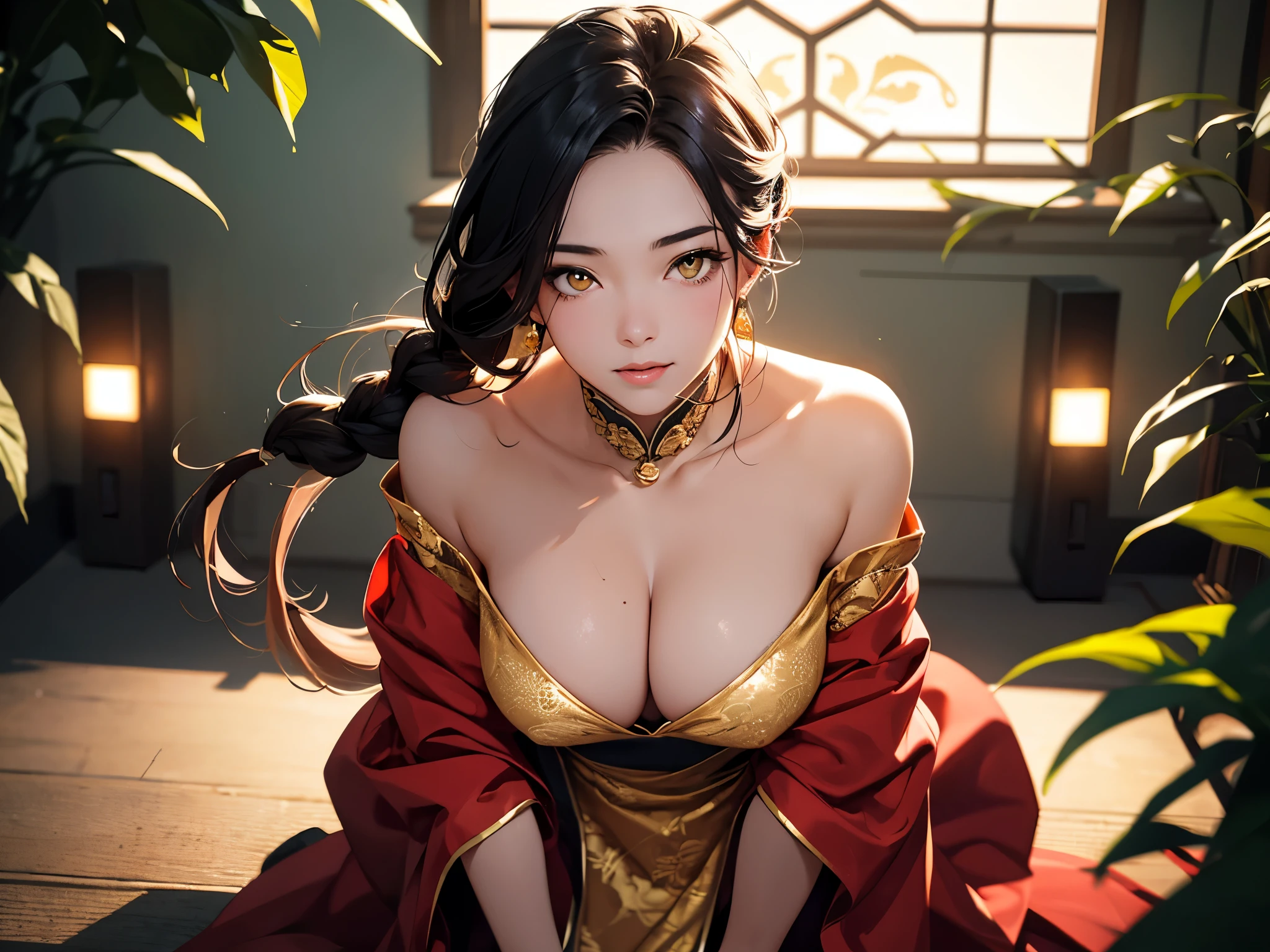 Beautiful Chinese woman with flirtatious smile, Wearing golden lace, red and yellow Hanfu, Drop your shoulders, seductive cleavage, Yellow eyes, Leaning forward, Focus on the audience, state's, split, HD, UHD, Wallop, artistic sprout, long braid hair, grow long hair, realistic eyes, Very detailed目, natural skin, natural skin texture, Scattered under the surface, calm colors, skin pores, perfect face, perfect eyes, perfect lips, Soft female form, outstanding, cinematic, Cinema lights, Very detailed, surreal, masterpiece, in the atmosphere, High resolution, Lively, high contrast, Vignetting, 8K, HDR, 500 pixels, Look from above, bust