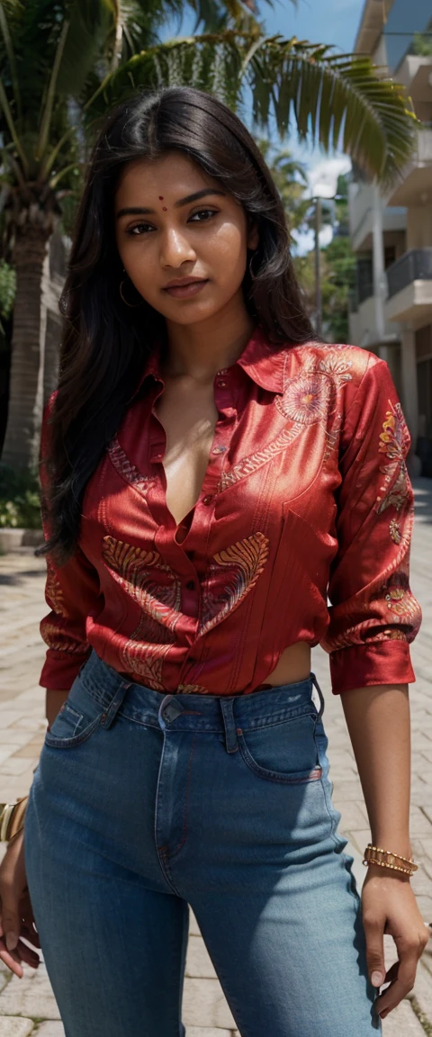 (((Indian woman in the intricate silk shirt with no sleeves with pattern))), (((jeans))), on the sunlit driveway, black hair, wide smile, (masterpiece), best quality, (extremely detailed CG unity 64k wallpaper), ultra-high resolution, ultra-high definition, maximalist, k UHD, higher, intricate, intricate details, highly detailed, finely detailed, ultra-detailed, ultra-high texture quality, detailed textures, ultra-high pixel detail, (ultra-realistic:1.3), official photo, HDR, DSLR, photography, people photography, professionally color graded, Fujifilm XT3, RAW photo, uncompressed images, shallow depth of field, full color depth, sharp focus, 1970s movie still, rollie, shadows BREAK amazing, gorgeous, red, thrilling scene, lines, palm tree, expressive