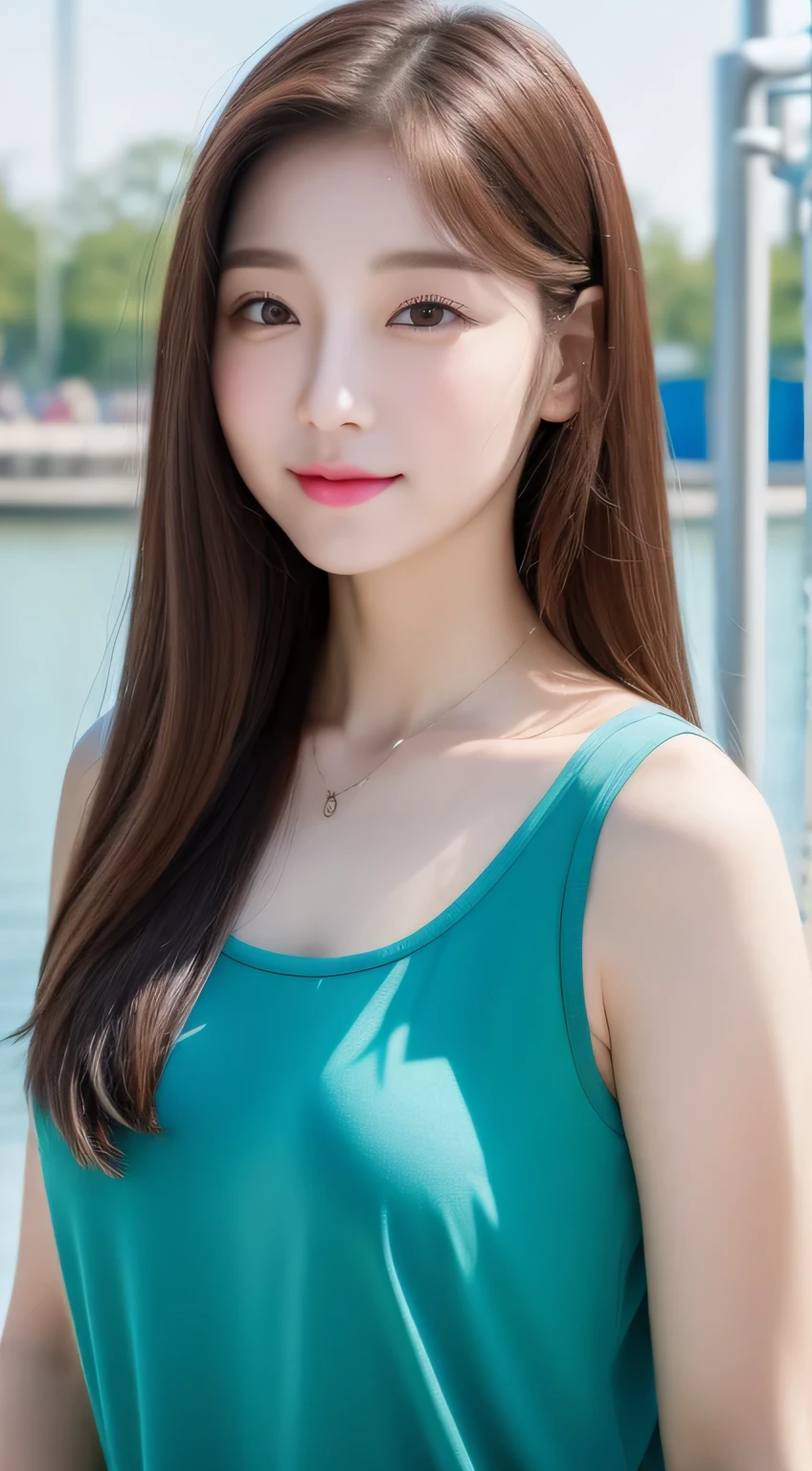 Realistic photo of one cute Korean star, straight hair, white skin, light makeup, chest size 32 inches, wearing a tank top, fold your arms, At the water park, splash of water, upper body portrait, UHD