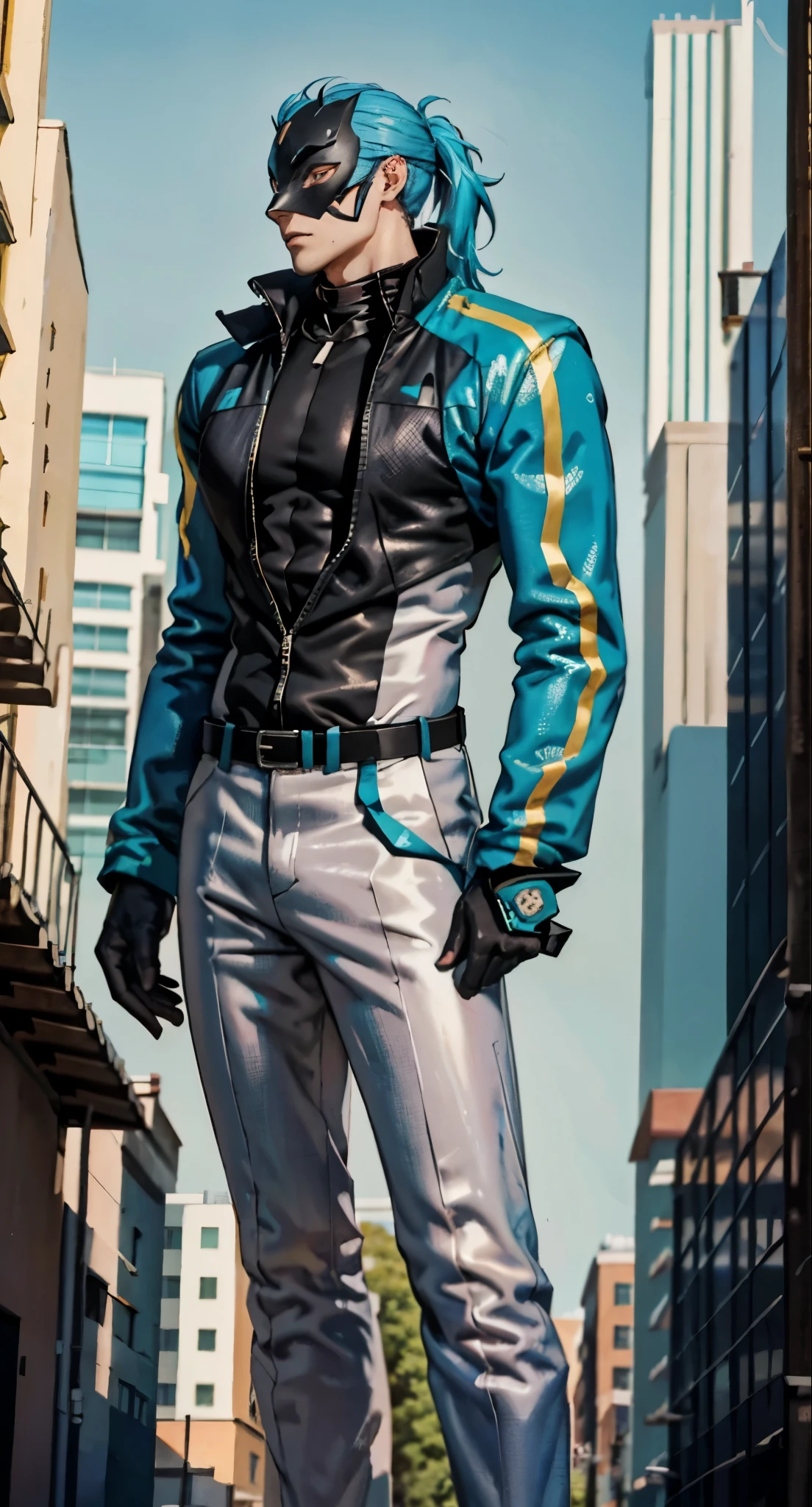 A man with blue hair tied in a ponytail, his face concealed by a falcon concept mask, full_mask, stands tall and imposing, a futuristic sci-fi style short jacket, a dark bodysuit, matching trousers, a belt cinched at the waist, colorful gloves, he stands atop a futuristic high-rise, he surveys the city night view, this character embodies a finely crafted futuristic sci-fi style masked hero in anime style, exquisite and mature manga art style, high definition, best quality, highres, ultra-detailed, ultra-fine painting, extremely delicate, professional, perfect body proportions, golden ratio, anatomically correct, symmetrical face, extremely detailed eyes and face, high quality eyes, creativity, RAW photo, UHD, 32k, Natural light, cinematic lighting, masterpiece-anatomy-perfect, masterpiece:1.5