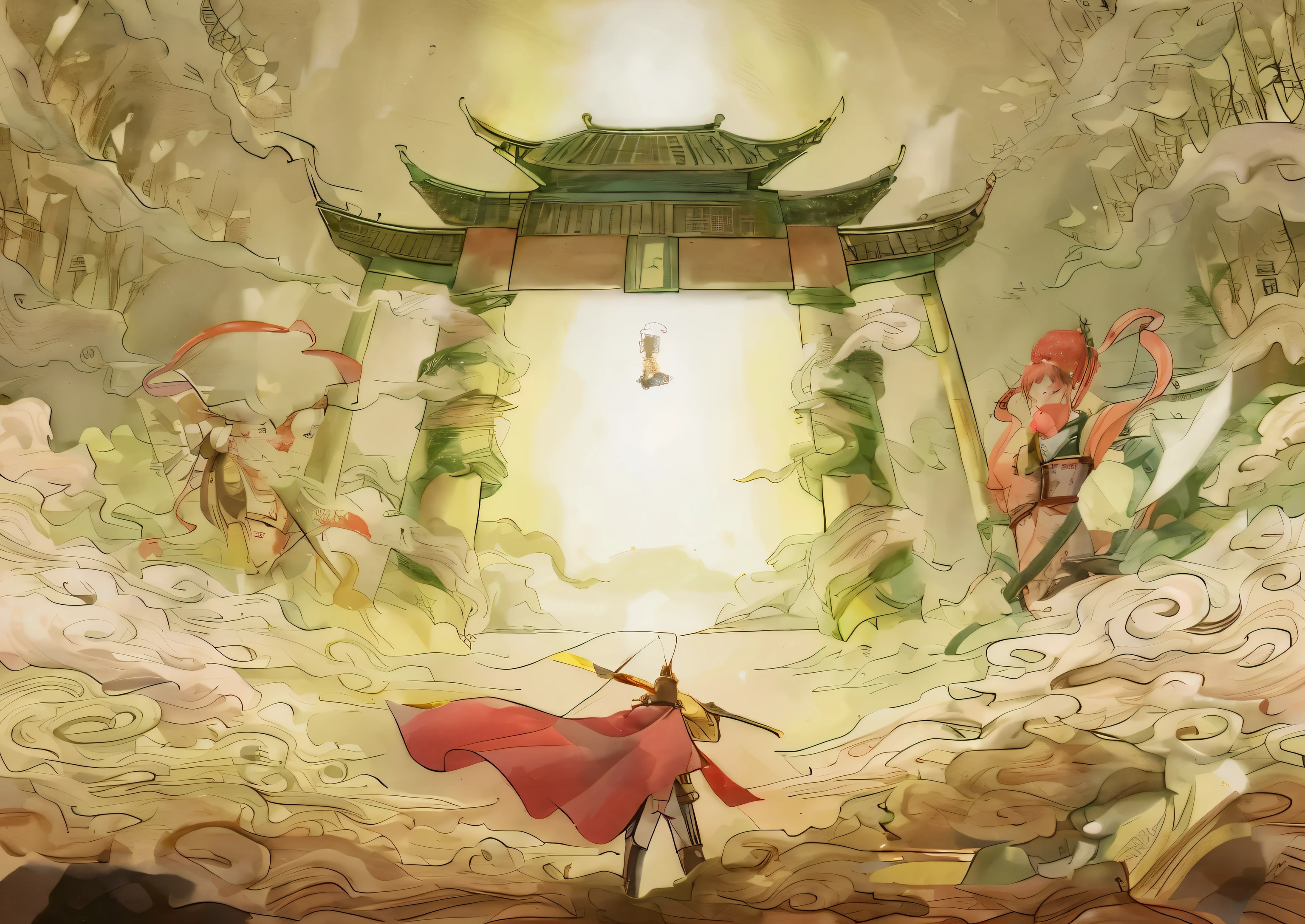 Anime poster of a man holding a sword standing in front of a door, journey to the west, Korean Art Nouveau Animation, korean mythology, Onmyoji Detailed Art, wide view, Sun Wukong, author：Zhang Chengye, girl : The birth of the devil , Inspired by Hu Zaobin, author：Yang Jie, g liulian art style