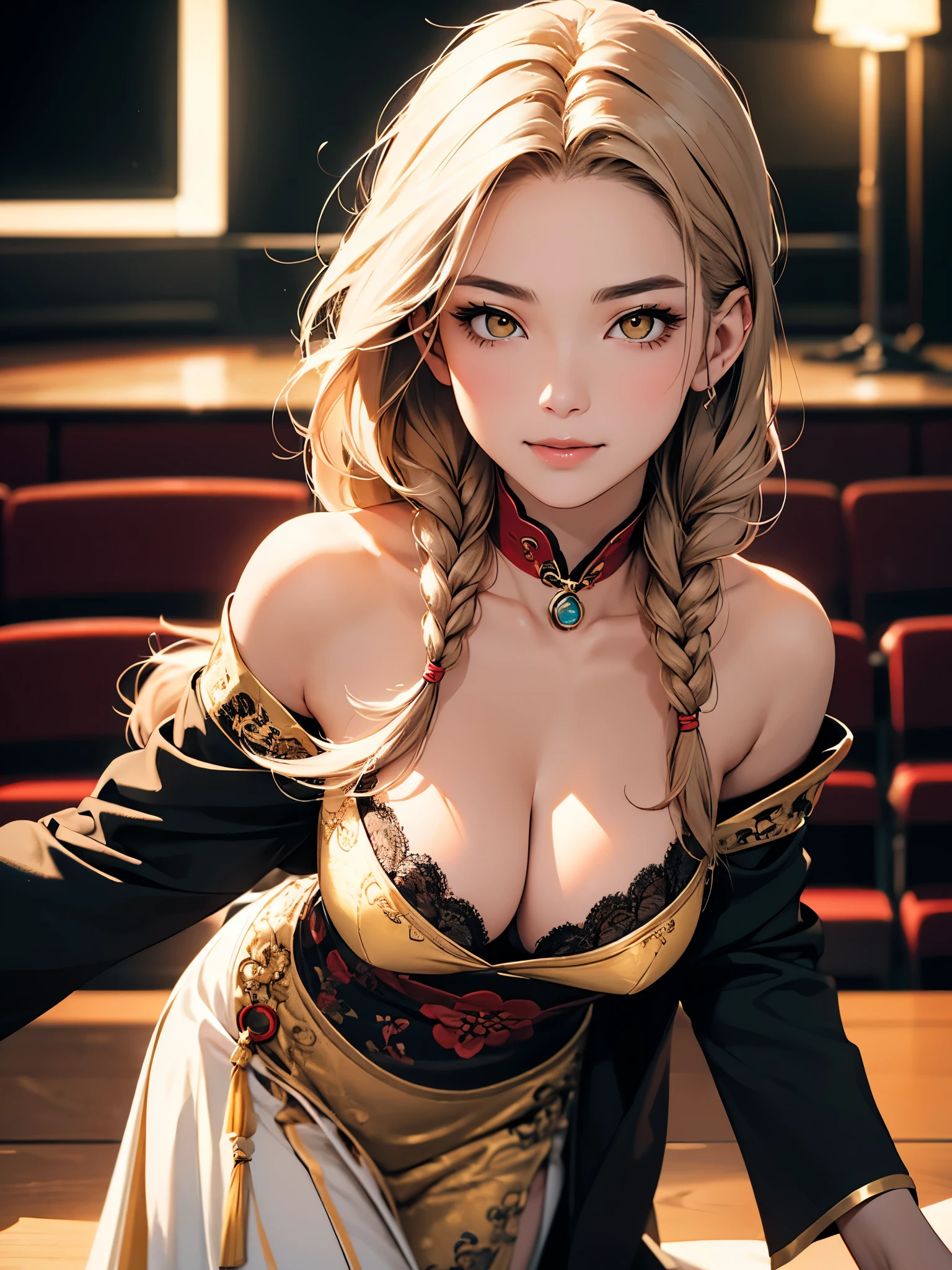 Beautiful Chinese woman with flirtatious smile, Wearing golden lace, red and yellow Hanfu, Drop your shoulders, seductive cleavage, Yellow eyes, Leaning forward, Focus on the audience, state&#39;s, split, HD, UHD, Wallop, artistic sprout, long braid hair, grow long hair, realistic eyes, Very detailed目, natural skin, natural skin texture, Scattered under the surface, calm colors, skin pores, perfect face, perfect eyes, perfect lips, Soft female form, outstanding, cinematic, Cinema lights, Very detailed, surreal, masterpiece, in the atmosphere, High resolution, Lively, high contrast, Vignetting, 8K, HDR, 500 pixels, Look from above, bust