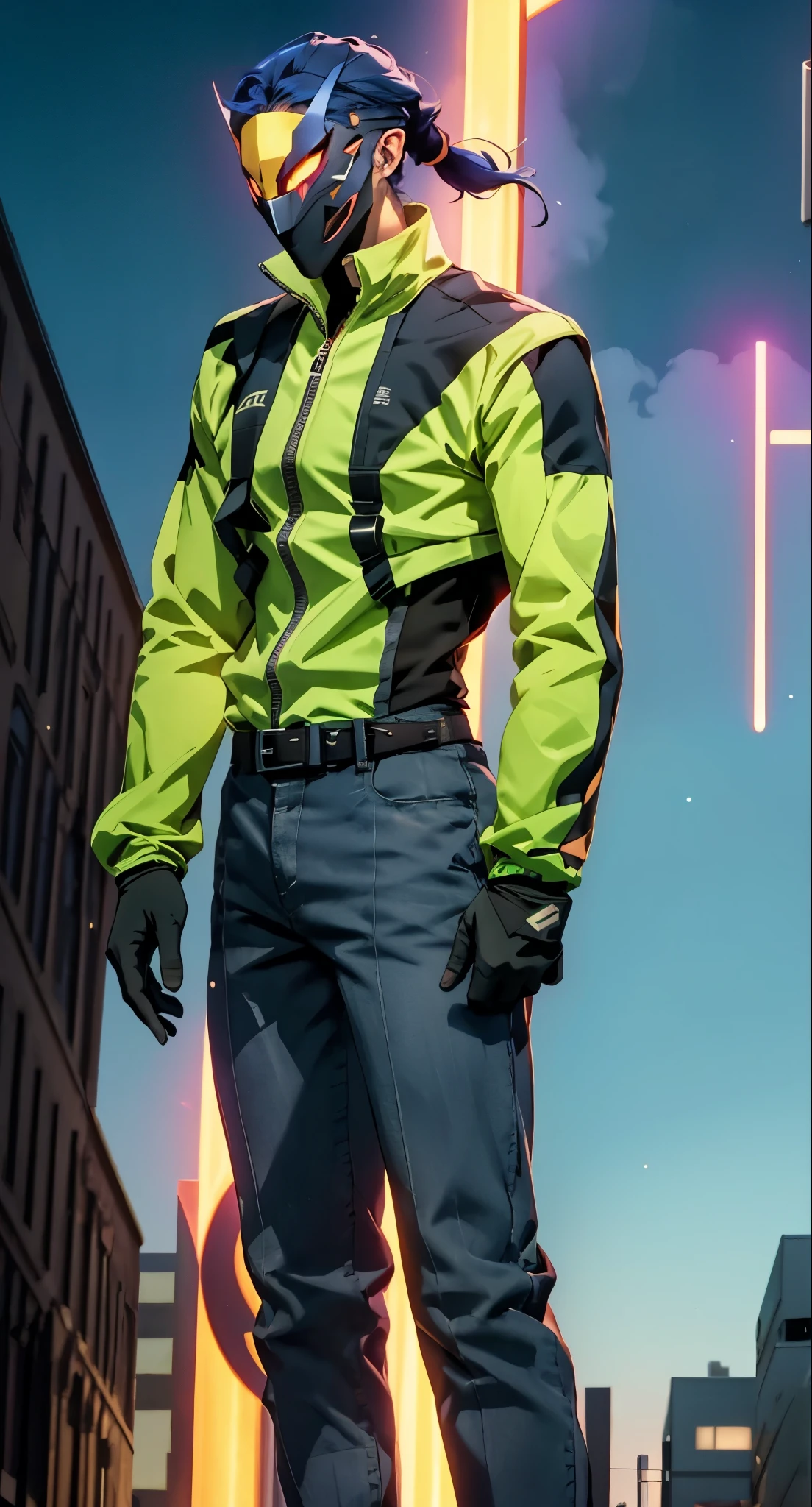 A man with blue hair tied in a ponytail, his face concealed by a falcon concept mask, full_mask, stands tall and imposing, a futuristic sci-fi style short jacket, a dark bodysuit, matching trousers, a belt cinched at the waist, colorful gloves, he stands atop a futuristic high-rise, he surveys the city night view, this character embodies a finely crafted futuristic sci-fi style masked hero in anime style, exquisite and mature manga art style, high definition, best quality, highres, ultra-detailed, ultra-fine painting, extremely delicate, professional, perfect body proportions, golden ratio, anatomically correct, symmetrical face, extremely detailed eyes and face, high quality eyes, creativity, RAW photo, UHD, 32k, Natural light, cinematic lighting, masterpiece-anatomy-perfect, masterpiece:1.5