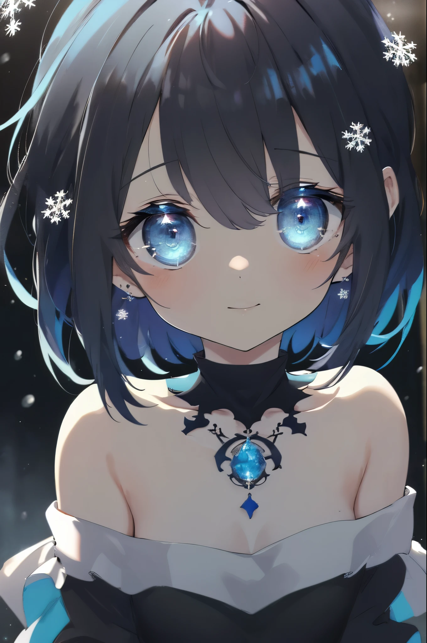 masterpiece,highest quality,High resolution,Super detailed,Oh Ginko,short hair,bangs,hair between eyes,light blue,hair band,snowflake hair ornament,black choker,night,street,Are standing,smile,blush,off shoulder sweater,naked neck,bare clavicle,bare shoulders,shorts,black pantyhose,winter,Cold Sky,(masterpiece:1.2), highest quality, High resolution, unity 8k wallpaper, (shape:0.8), (beautiful and detailed eyes:1.6), highly detailed face, perfect lighting, Very detailed CG, (perfect hands, perfect anatomy),