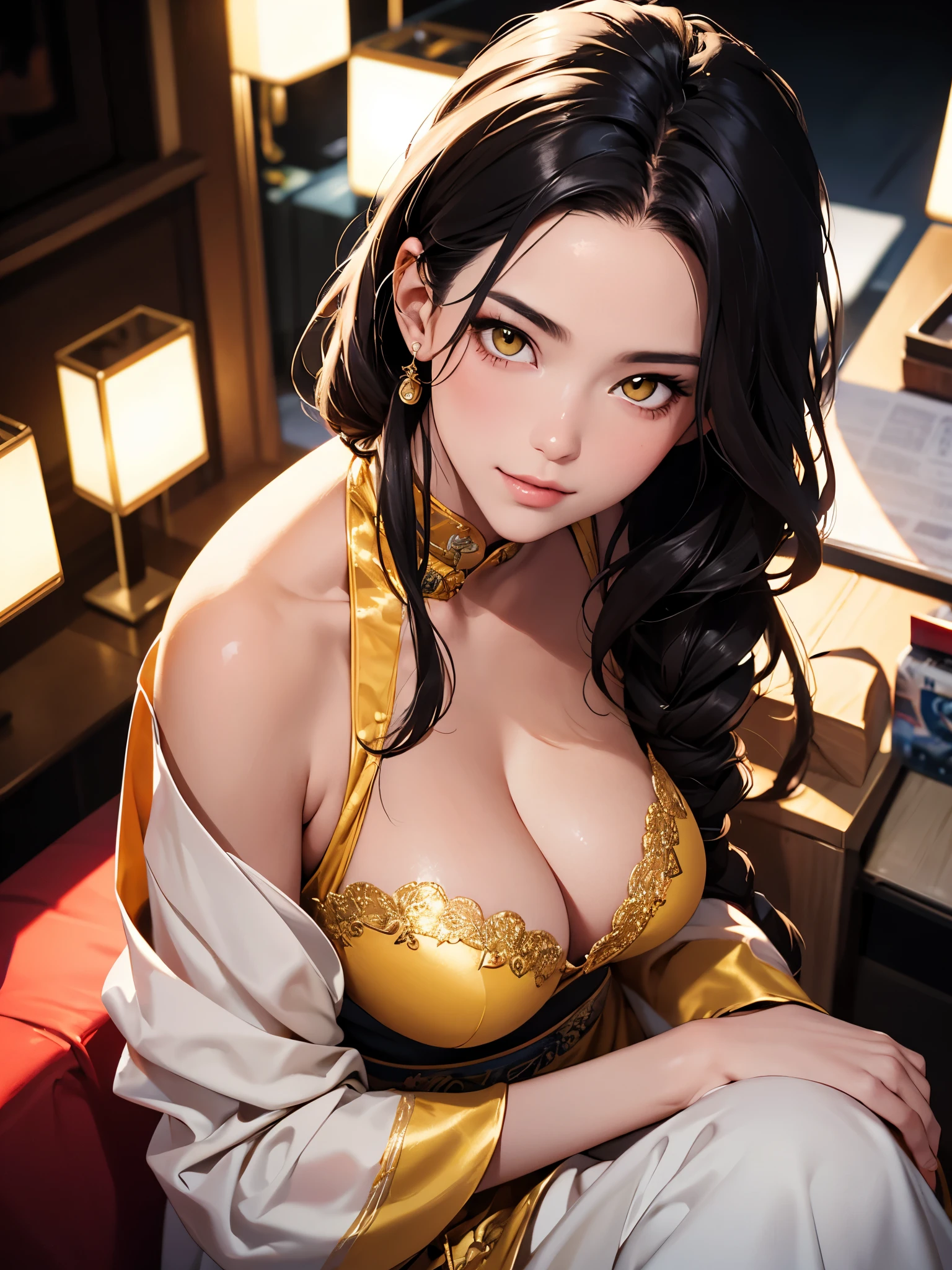 Beautiful Chinese woman with flirtatious smile, Wearing golden lace, red and yellow Hanfu, Drop your shoulders, seductive cleavage, Yellow eyes, Focus on the audience, state's, split, HD, UHD, Wallop, artistic sprout, long braid hair, grow long hair, realistic eyes, Very detailed目, natural skin, natural skin texture, Scattered under the surface, calm colors, skin pores, perfect face, perfect eyes, perfect lips, Soft female form, outstanding, cinematic, Cinema lights, Very detailed, surreal, masterpiece, in the atmosphere, High resolution, Lively, high contrast, Vignetting, 8K, HDR, 500 pixels, Look from above, bust