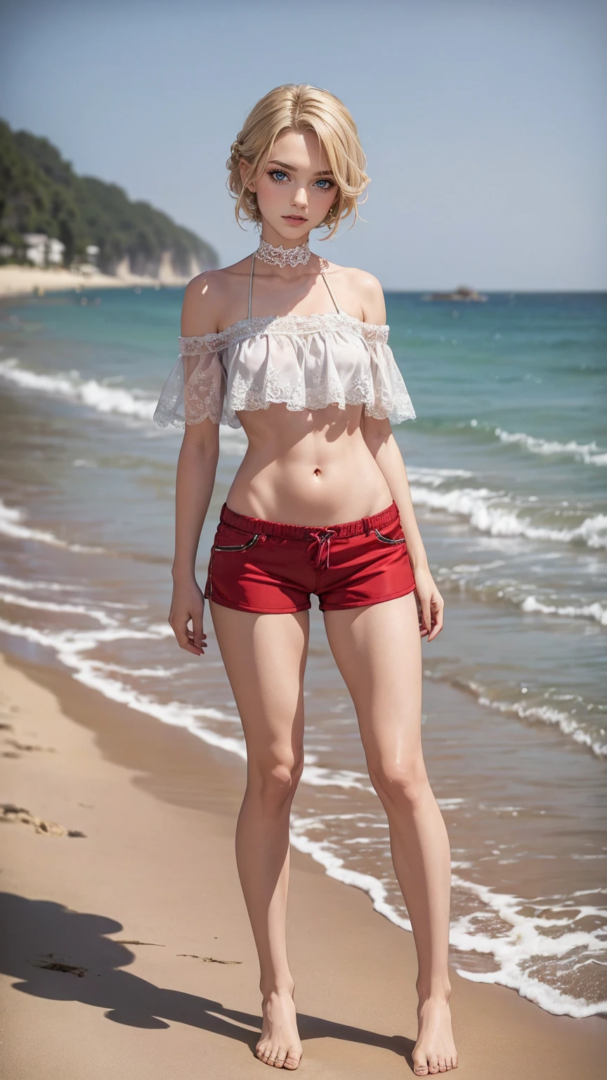 Claire Redfield, woman, beautiful face, shy, looking at viewer, very long red hair, perfect Face, red bikini at the beach water, red nail polish, friendly face, little smile, full body, red heels, feminine style