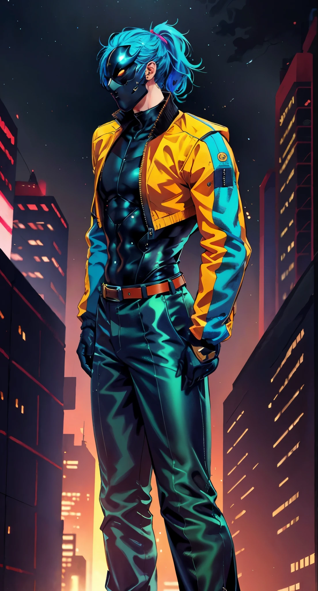 A man with blue hair tied in a ponytail, his face concealed by a falcon concept mask, full_mask, stands tall and imposing, a futuristic sci-fi style short jacket, a dark bodysuit, matching trousers, a belt cinched at the waist, colorful gloves, he stands atop a futuristic high-rise, he surveys the city night view, this character embodies a finely crafted futuristic sci-fi style masked hero in anime style, exquisite and mature manga art style, high definition, best quality, highres, ultra-detailed, ultra-fine painting, extremely delicate, professional, perfect body proportions, golden ratio, anatomically correct, symmetrical face, extremely detailed eyes and face, high quality eyes, creativity, RAW photo, UHD, 32k, Natural light, cinematic lighting, masterpiece-anatomy-perfect, masterpiece:1.5