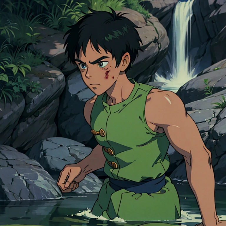 Donald glover as rock lee, training under a water fall, blood dropping from his hand wraps,