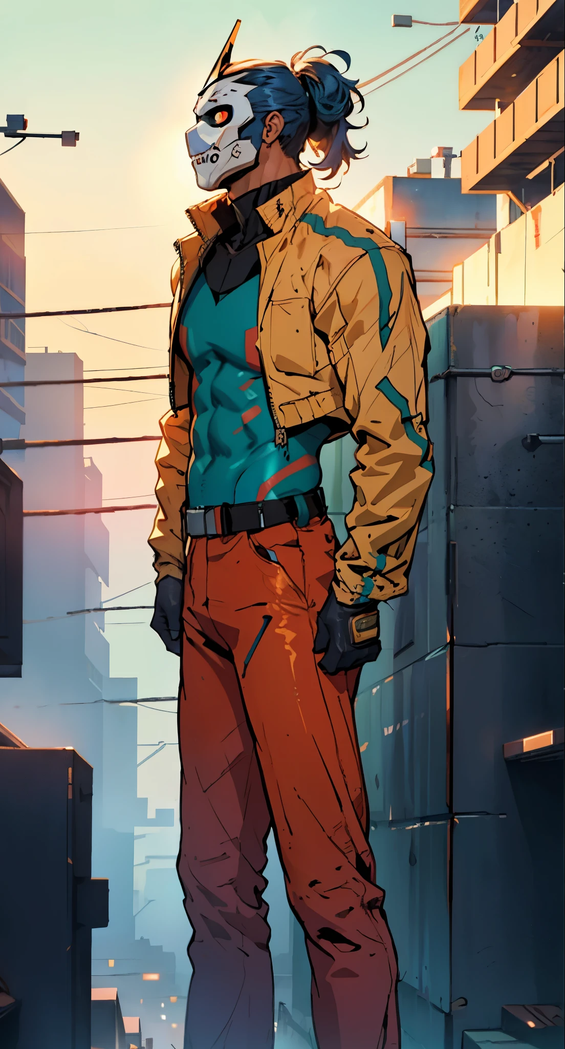 A man with blue hair tied in a ponytail, his face concealed by a falcon concept mask, full_mask, stands tall and imposing, a futuristic sci-fi style short jacket, a dark bodysuit, matching trousers, a belt cinched at the waist, colorful gloves, he stands atop a futuristic high-rise, he surveys the city night view, this character embodies a finely crafted futuristic sci-fi style masked hero in anime style, exquisite and mature manga art style, high definition, best quality, highres, ultra-detailed, ultra-fine painting, extremely delicate, professional, perfect body proportions, golden ratio, anatomically correct, symmetrical face, extremely detailed eyes and face, high quality eyes, creativity, RAW photo, UHD, 32k, Natural light, cinematic lighting, masterpiece-anatomy-perfect, masterpiece:1.5