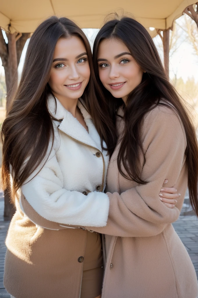 Professional photograph, best quality, 8K, hyper detailed, half body, A close up portrait of two gorgeous, beautiful, wonderful women, argentinian and russian females together posing for the camera, both women have super long hair, argentinian girl has dark brown hair and russian girl has light brown hair, the both of them are wearing winter outfits, both girls are wearing leather jackets. Both women are wonderful, dream, ethereal, timeless, majestic beauties from Argentina and Russia, hispanic and slavic dream beauties who comes to the hearts. They're glad, smiling and enjoying a day at park in winter. True friendship, they pose happy for the camera.