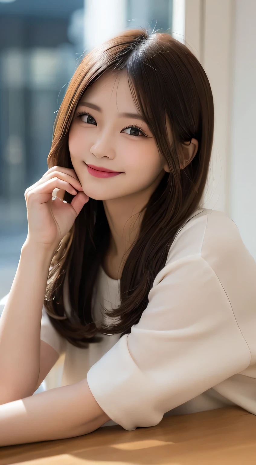 table top, highest quality, figure, Super detailed, finely, High resolution, 8k wallpaper, Perfect dynamic composition figure, detailed and beautiful eyes,medium hair,,natural color lip, Runrun pose,smile、20 year old girl、cute、sexy shot looking at camera,blur the background,Winter Tokyo formal fashion