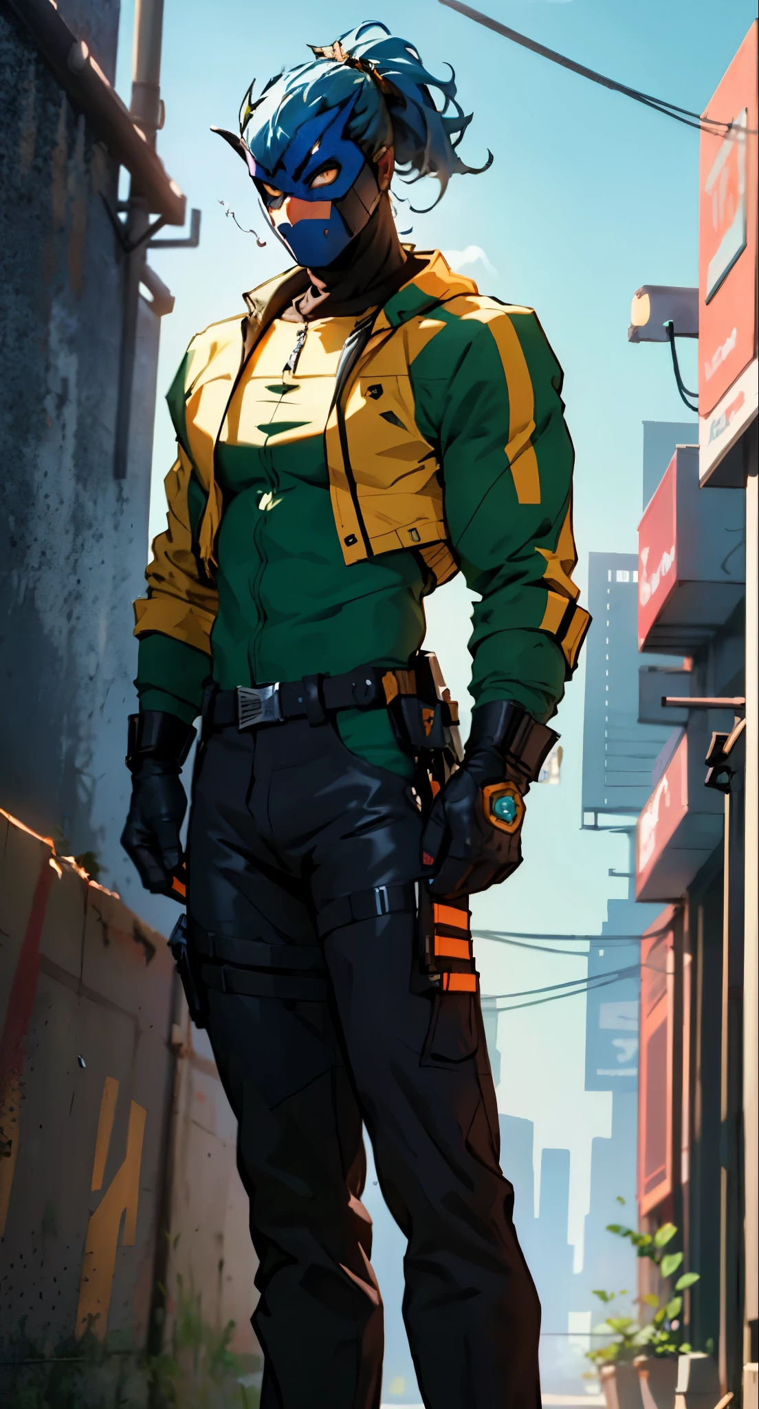 A man with blue hair tied in a ponytail, his face concealed by a falcon concept mask, full_mask, stands tall and imposing, a futuristic sci-fi style short jacket, a dark bodysuit, matching trousers, a belt cinched at the waist, colorful gloves, he stands atop a futuristic high-rise, he surveys the city night view, this character embodies a finely crafted futuristic sci-fi style masked hero in anime style, exquisite and mature manga art style, high definition, best quality, highres, ultra-detailed, ultra-fine painting, extremely delicate, professional, perfect body proportions, golden ratio, anatomically correct, symmetrical face, extremely detailed eyes and face, high quality eyes, creativity, RAW photo, UHD, 32k, Natural light, cinematic lighting, masterpiece-anatomy-perfect, masterpiece:1.5