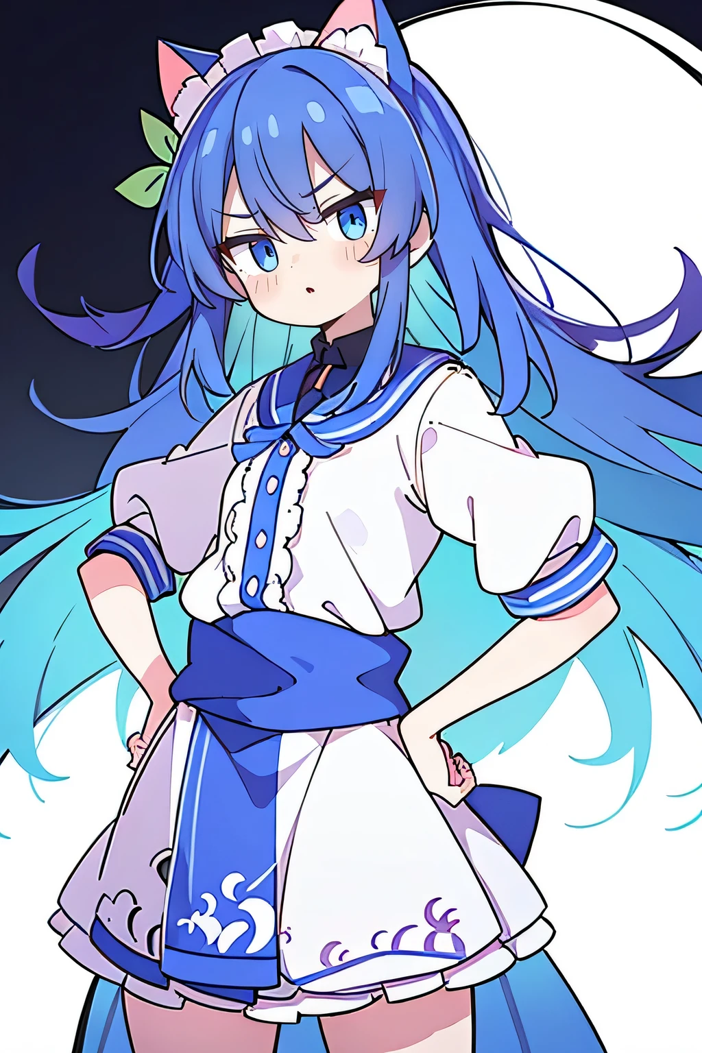 (masterpiece),best quality, expressive eyes, perfect face, 1girl,
Put your hands on your waist,fair, Gorgeous,Japanese cartoons,girl,lola,Hina Angel, blue hair, blue haired, floating clothes,Grab your waist, Grab your waist, hands on hips , hands on hips,flat chest,cat ear,