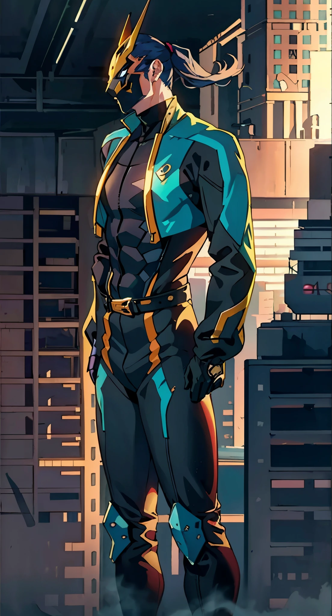 A man with blue hair tied in a ponytail, his face concealed by a falcon concept mask, full_mask, stands tall and imposing, a futuristic sci-fi style short jacket, a dark bodysuit, matching trousers, a belt cinched at the waist, colorful gloves, he stands atop a futuristic high-rise, he surveys the city night view, this character embodies a finely crafted futuristic sci-fi style masked hero in anime style, exquisite and mature manga art style, high definition, best quality, highres, ultra-detailed, ultra-fine painting, extremely delicate, professional, perfect body proportions, golden ratio, anatomically correct, symmetrical face, extremely detailed eyes and face, high quality eyes, creativity, RAW photo, UHD, 32k, Natural light, cinematic lighting, masterpiece-anatomy-perfect, masterpiece:1.5