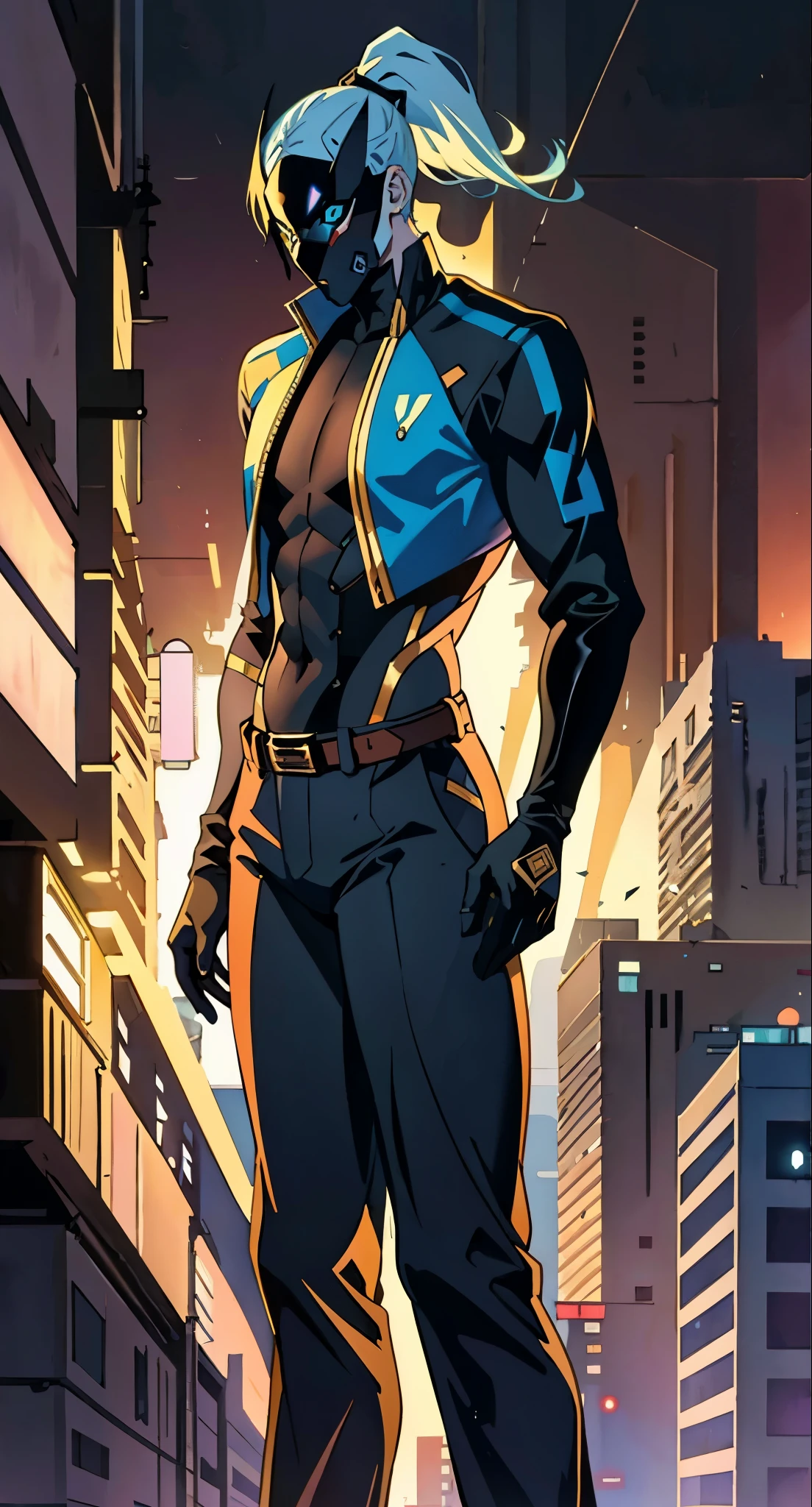 A man with blue hair tied in a ponytail, his face concealed by a falcon concept mask, full_mask, stands tall and imposing, a futuristic sci-fi style short jacket, a dark bodysuit, matching trousers, a belt cinched at the waist, colorful gloves, he stands atop a futuristic high-rise, he surveys the city night view, this character embodies a finely crafted futuristic sci-fi style masked hero in anime style, exquisite and mature manga art style, high definition, best quality, highres, ultra-detailed, ultra-fine painting, extremely delicate, professional, perfect body proportions, golden ratio, anatomically correct, symmetrical face, extremely detailed eyes and face, high quality eyes, creativity, RAW photo, UHD, 32k, Natural light, cinematic lighting, masterpiece-anatomy-perfect, masterpiece:1.5