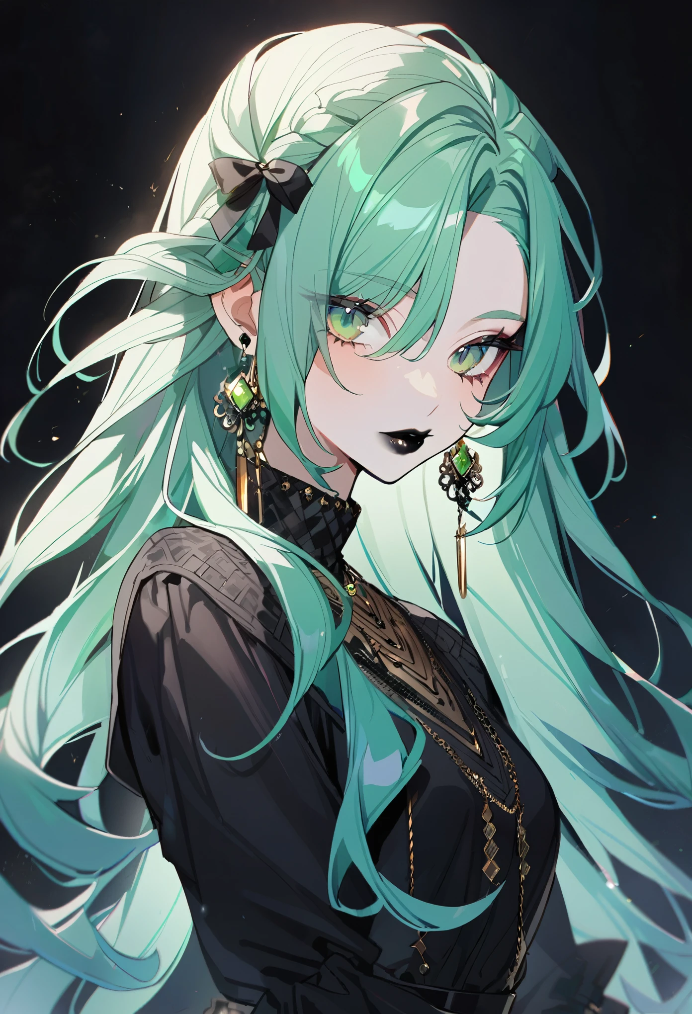 1 minstrel girl, mint hair colour, (long hair, jewellery in hair), green eyes, black eyeliner, black lipstick