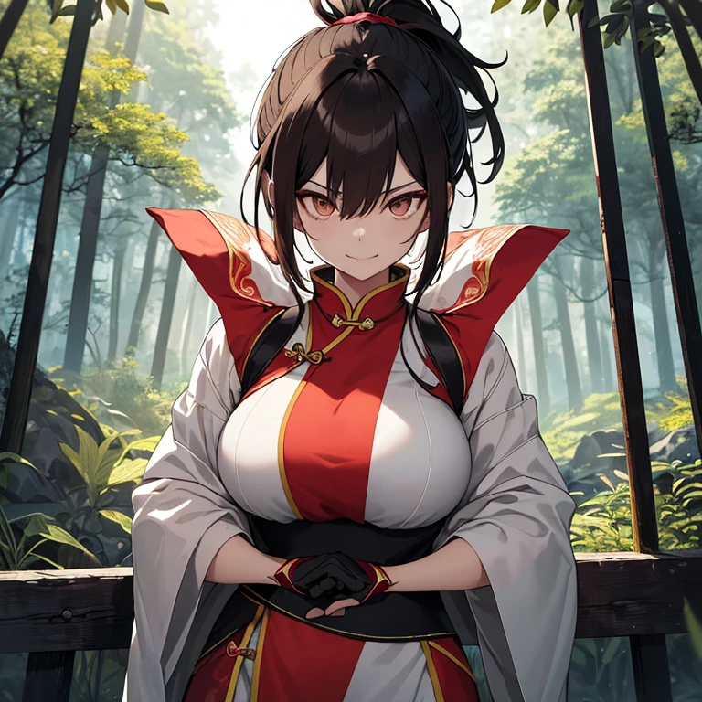 A powerful and focused woman, with long, dark hair tied up in a sleek ponytail, stands still in the midst of a serene forest clearing. Her brown eyes, sharp and intense, are fixed on an unseen point in the distance. Her short bob, framing her face, adds to her mysterious and enigmatic aura. The upper part of her body is enlarged in this high resolution depiction, showcasing her toned and defined muscles. The masutepiece, or traditional Chinese martial arts uniform, clings tightly to her form.
Suddenly, she breaks the silence - her eyes widen, and she signals to the viewer with a wide, confident smile.