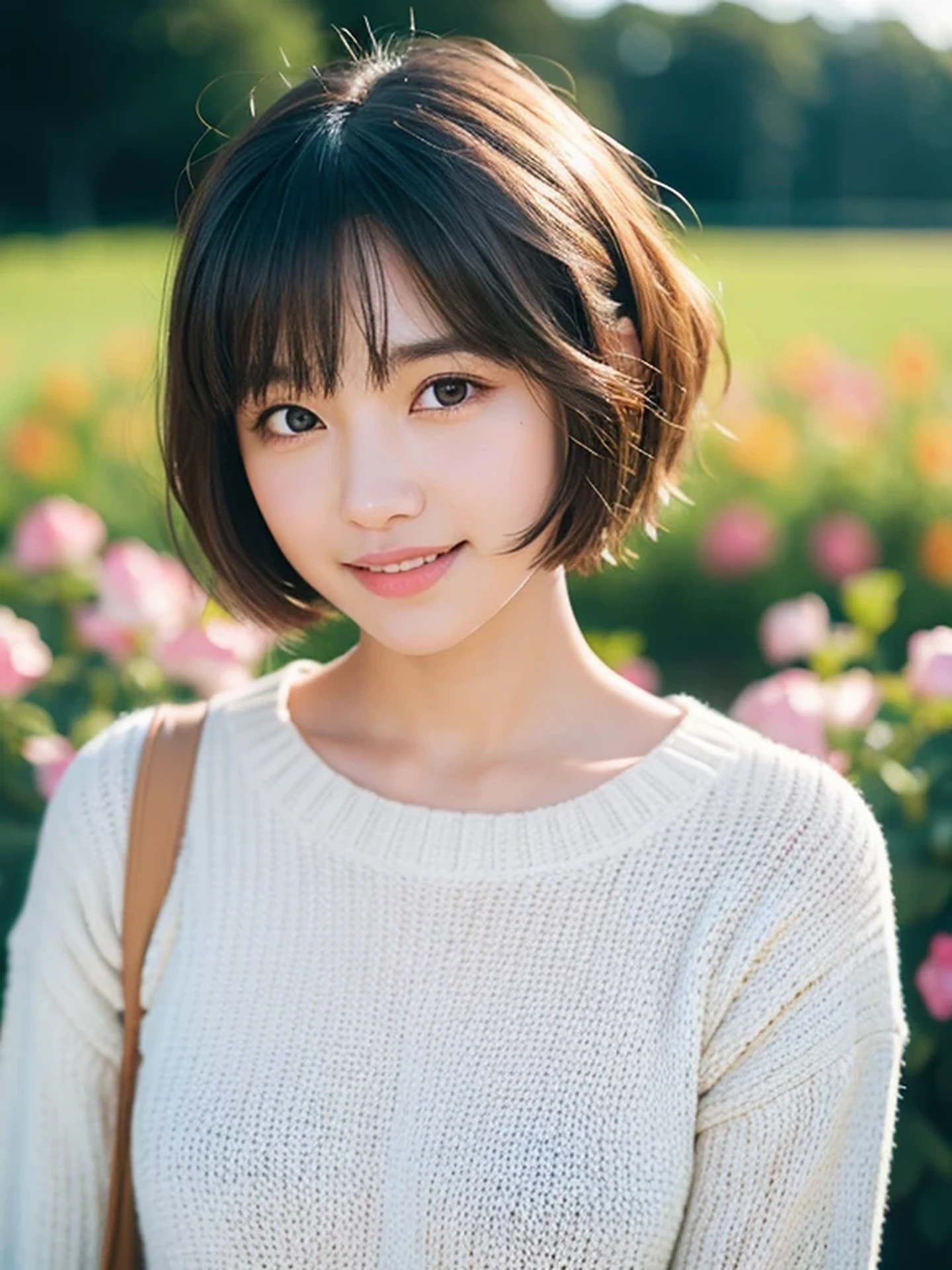 masterpiece, Best Quality, Raw photo, 8K, ultra-detailed face, 1girl, Beautiful detailed skin, backlight, soft light, bashful, (shoot from front:1.2), smile, Luminescent, Anatomically correct, short hair swaying in the wind, bangs, Eyes and faces with detailed, Textured skin, Professional Photography, Bokeh, Portrait, Professional Lighting, Solo, Cute, Girly, Film grain, sweater, flower garden