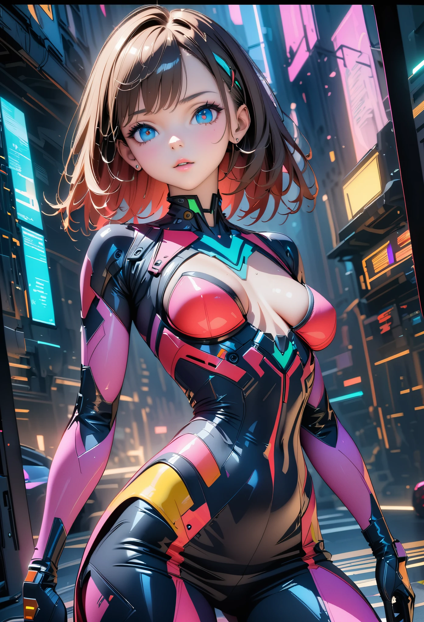 Color Portrait of a young girl, very sexy, modern style, comic book, cyberpunk, future, color fill, rich colors. Very graceful, standing half-turned, sporty posture, looking at the viewer. Tattoos on the body, fashionable short dresses, devices on the body. 2_The background depicts a majestic city of the future, an evening city, lights, illumination, and robots. 3_High image quality, 4K | Ultra HD | Full HD, cinematic comic book, 3D visualization_in comic book style - linear stroke, color fill, high-quality stroke - a masterpiece, TOP computer graphics ART. 8K, dark lighting, heavy shading. (vivid, anime, comic, creative, sharp focus, 8K). High detail of the drawing, lines, high-quality background (shades of cool tones, red, warm highlights, side lighting), Architecture, cyberpunk, futurism. Film grains, dust, and particles in the air.