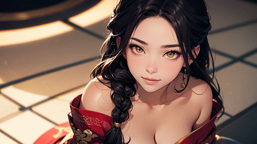Beautiful Chinese woman with flirtatious smile, Wearing golden lace, red and yellow Hanfu, Drop your shoulders, seductive cleavage, Yellow eyes, Focus on the audience, state&#39;s, split, HD, UHD, Wallop, artistic sprout, long braid hair, grow long hair, realistic eyes, Very detailed目, natural skin, natural skin texture, Scattered under the surface, calm colors, skin pores, perfect face, perfect eyes, perfect lips, Soft female form, outstanding, cinematic, Cinema lights, Very detailed, surreal, masterpiece, in the atmosphere, High resolution, Lively, high contrast, Vignetting, 8K, HDR, 500 pixels, Look from above, bust