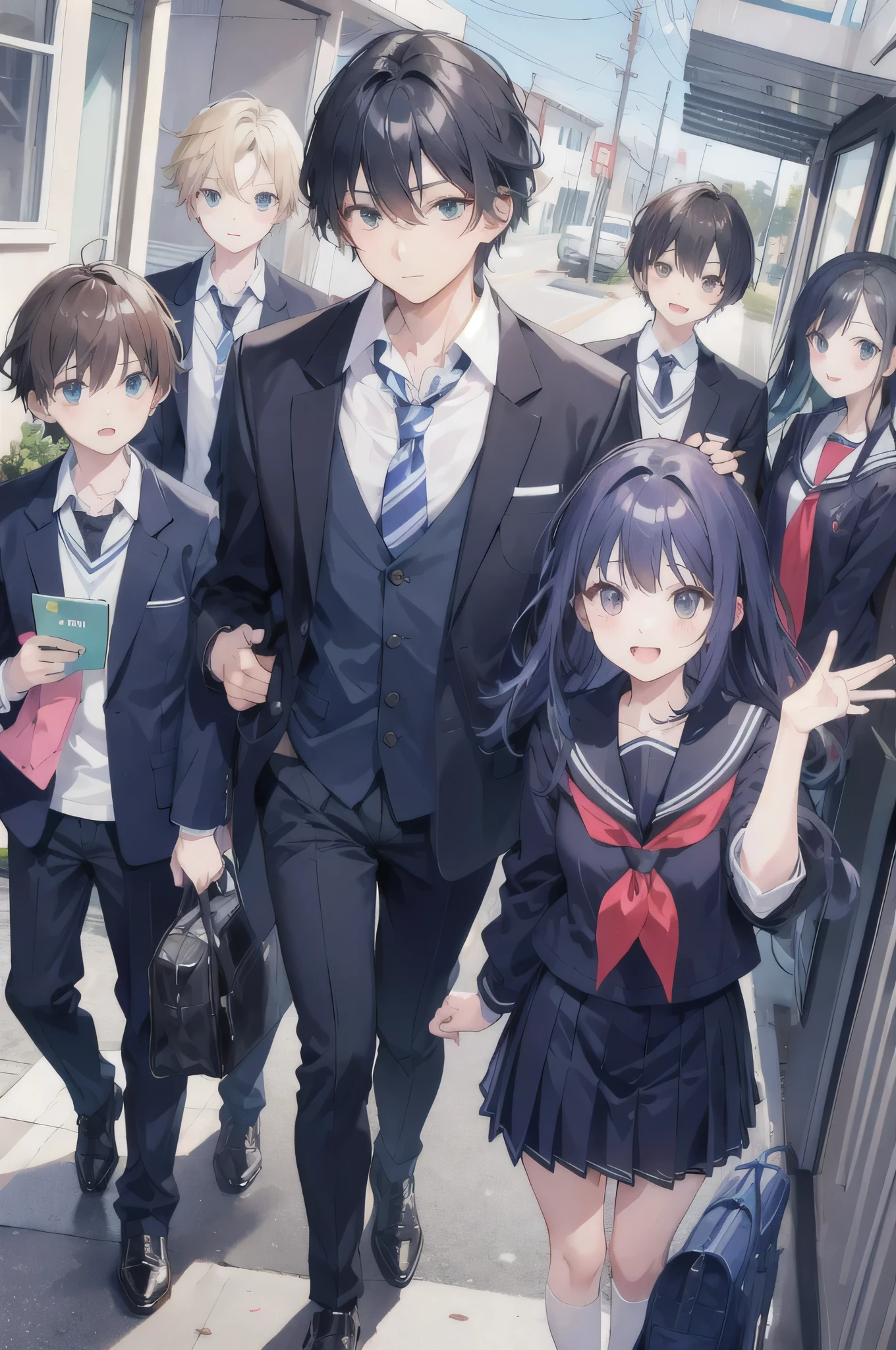 4 boys and 3 girls,school,school suit,happy