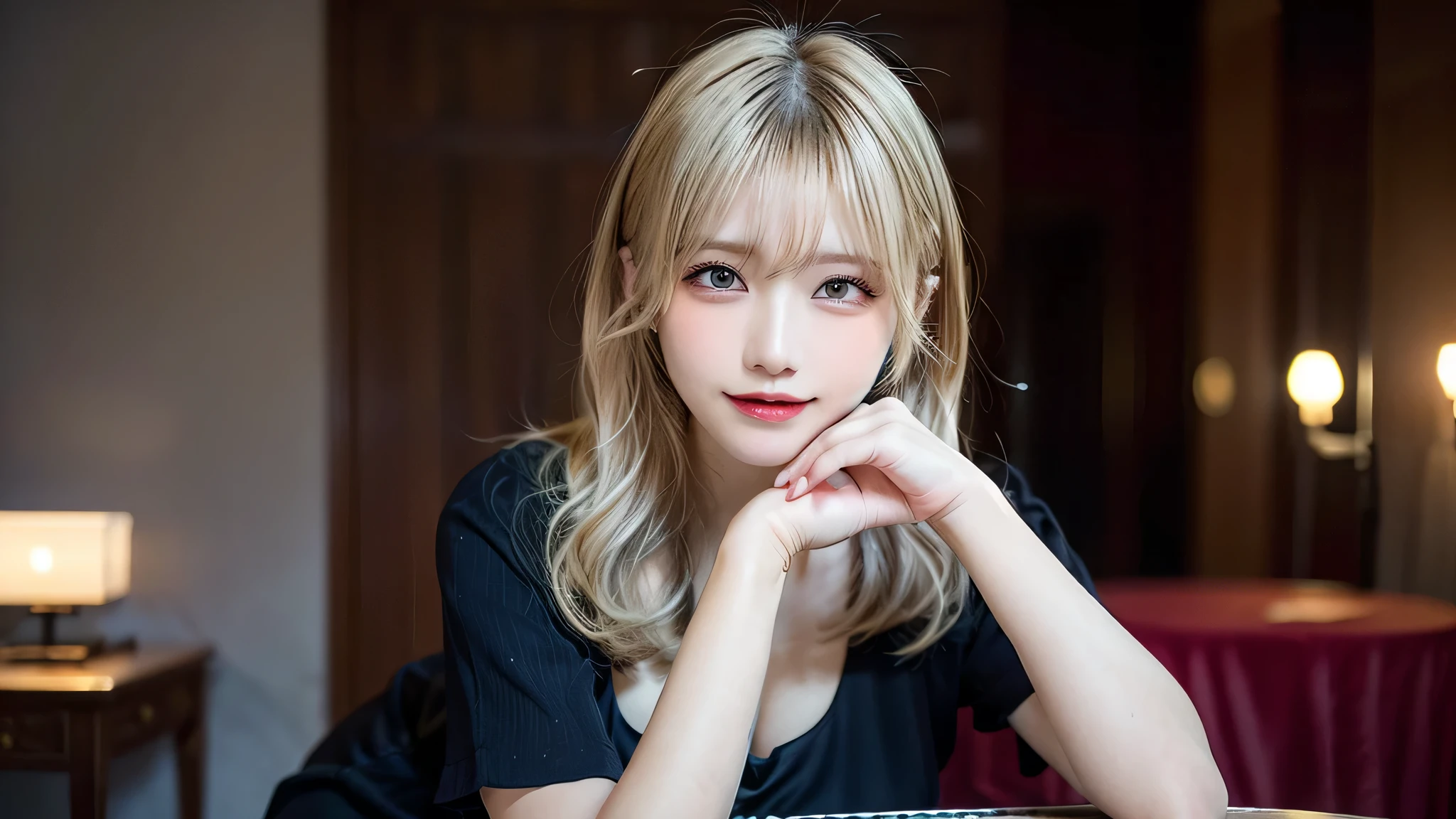 Table top, top quality, gorgeous room, super detailed, high resolution, 8K wallpaper, perfect dynamic composition figure, detailed and beautiful eyes, flashy gold dress, blonde hair color, big breasts, natural color lips, random sexy poses, random situations, slender body, sides, sexy winking, (((1girl)))