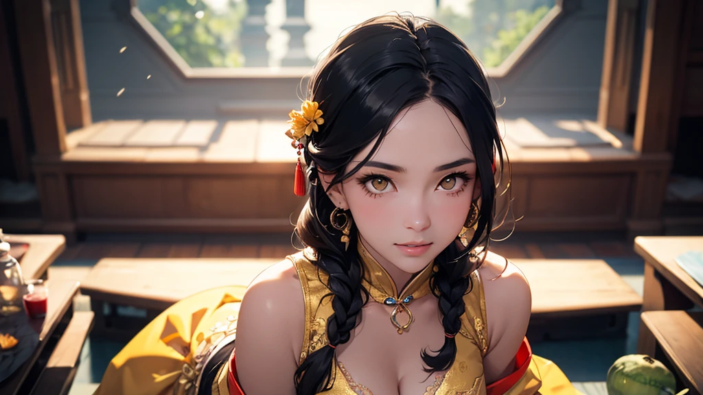 Beautiful Chinese woman with flirtatious smile, Wearing golden lace, red and yellow Hanfu, Drop your shoulders, seductive cleavage, Yellow eyes, Leaning forward, Focus on the audience, state&#39;s, split, HD, UHD, Wallop, artistic sprout, long braid hair, grow long hair, realistic eyes, Very detailed目, natural skin, natural skin texture, Scattered under the surface, calm colors, skin pores, perfect face, perfect eyes, perfect lips, Soft female form, outstanding, cinematic, Cinema lights, Very detailed, surreal, masterpiece, in the atmosphere, High resolution, Lively, high contrast, Vignetting, 8K, HDR, 500 pixels, Look from above, bust