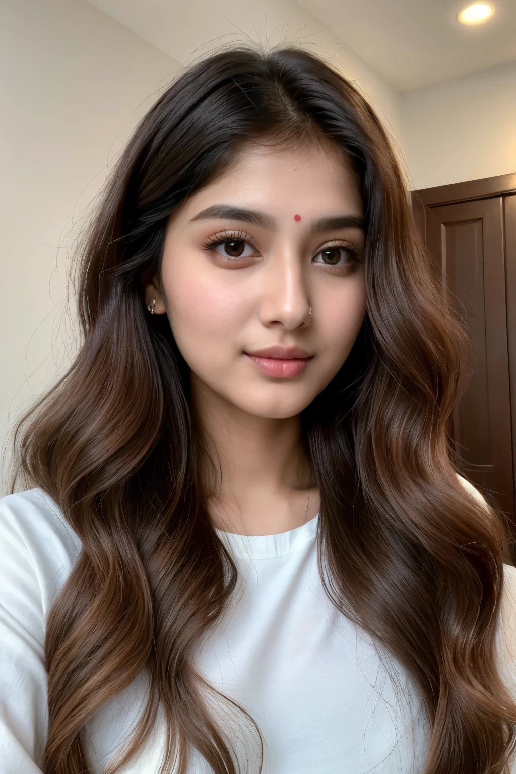 ((best quality)), ((masterpiece)), (detailed), perfect indian 26 year old female face that is similar to nancy momoland face beautiful blonde skin texture brown color long wavy hair style