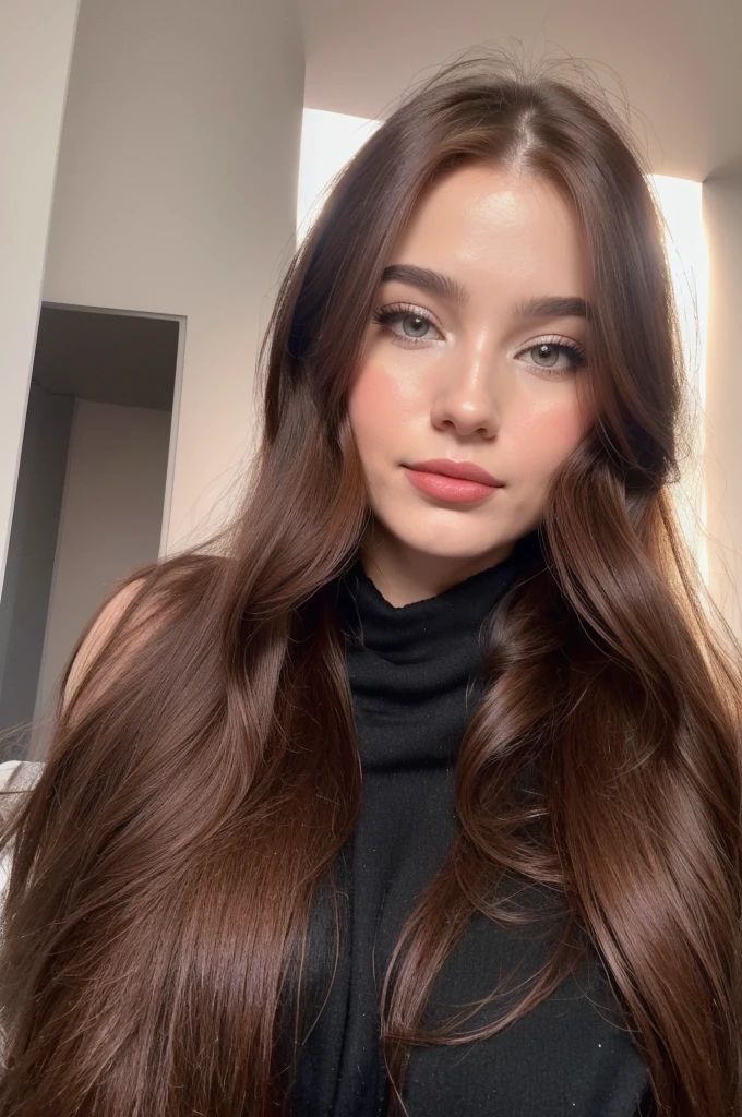 Professional photograph, best quality, 8K, hyper detailed, upper body, selfie photo. A close up portrait of a Gorgeous, pretty, warm-hearted, kind-hearted, good-hearted, stunning, cheerful, sweet, polite, sensitive, sensible, shiny, charming, alluring, dreamy, graceful, majestic, classy, stylish, flowing super long wavy red brown haired argentinian woman, flowing hair, silky hair, glowing hair, ethereal argentinian beauty, exotic argentinian beauty, timeless argentinian beauty, dream argentinian beauty. She has the cutest face, beaming countenance, fair porcelain skin, soft make-up, red lipstick, she is wearing a black leather jacket, and a pink scarf.