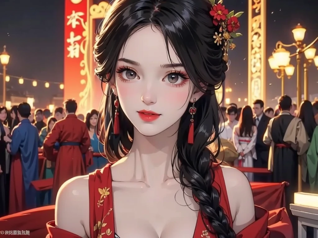 Beautiful Chinese woman with flirtatious smile, Wearing golden lace, red and yellow Hanfu, Drop your shoulders, seductive cleavage, Yellow eyes, Focus on the audience, state's, split, HD, UHD, Wallop, artistic sprout, long braid hair, grow long hair, realistic eyes, Very detailed目, natural skin, natural skin texture, Scattered under the surface, calm colors, skin pores, perfect face, perfect eyes, perfect lips, Soft female form, outstanding, cinematic, Cinema lights, Very detailed, surreal, masterpiece, in the atmosphere, High resolution, Lively, high contrast, Vignetting, 8K, HDR, 500 pixels, Look from above, bust