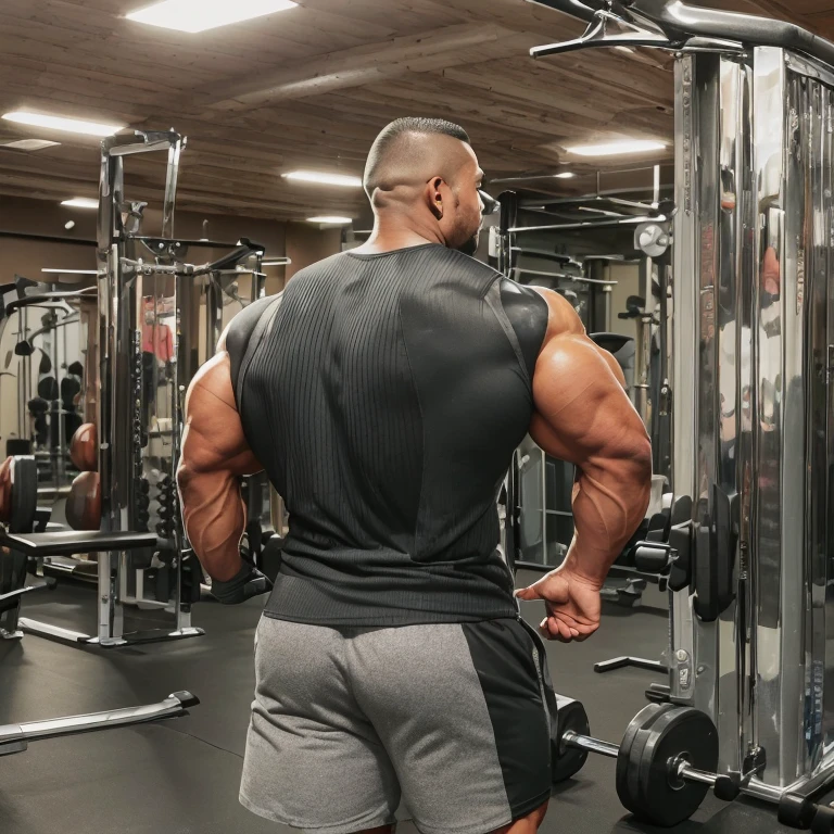 (one or two bodybuilders:1.4), (back view:1.4), (tank top:1.4), (at gym:1.4), 40's, Japanese man, manly face, fat face, (round face:1.4), (monolid eyes:1.2), (buzz cut:1.4), very large and strong body, bulky body, beefy muscles, (bulging muscles:1.4), (very large pectoral muscles:1.4), (muscular arms:1.4), muscular abs, muscular legs, muscular back, brightens oily skin, master piece, (realistic:1.4), panorama, distant view