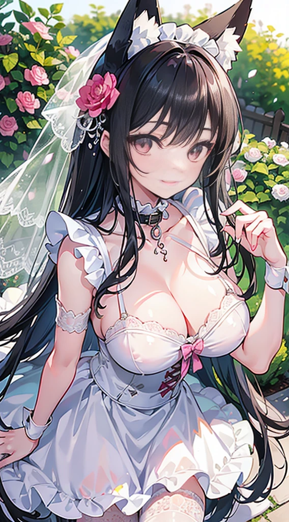 high quality, masterpiece, super detailed, 1 girl, extremely detailed faces, Wedding dress,White maid outfit,White fishnet stockings,handcuffs,collar,Calm expression,Smile,handcuffs,collar,long black hair, charming pink eyes, fox ears, Ridiculously big, shiny skin, Outdoor sports, garden, Medieval western town,