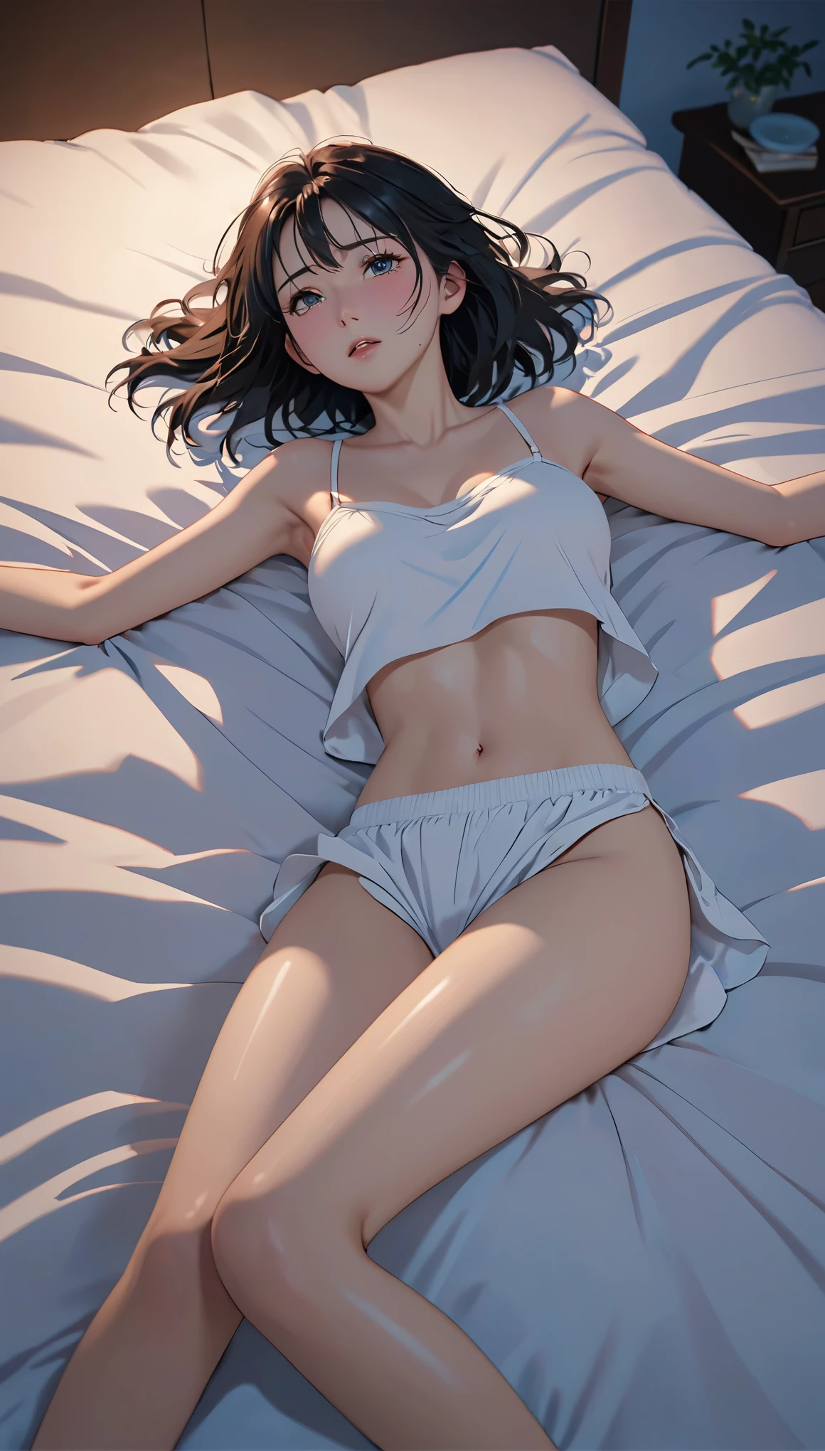 nsfw,(((I want to see up to my kneecaps:1.5、Full body Esbian:1.5)))、masterpiece, High resolution, figure, Kyoto animation style, your name is movie style, night, midnight, light, (1 female: 1.3), (alone: 1.4), long eyelashes, short bob, nose becomes red, lying down, naked, lying on the bed、Tears are flowing、(outstretched hand:1.2)、dynamic pose