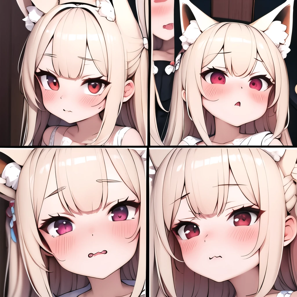 (masterpiece, best quality:1.2), Emoticon packages,red eyes，white hair，fox ears，pitiful，blush，looking down,multiple views