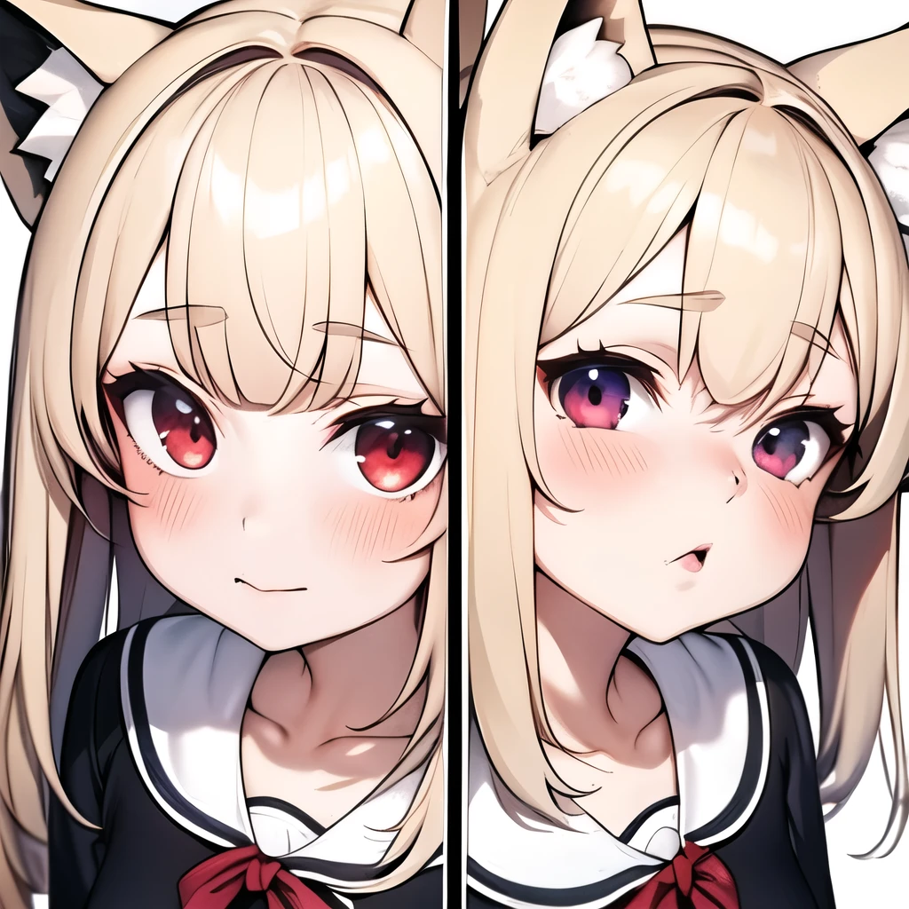 (masterpiece, best quality:1.2), Emoticon packages,red eyes，white hair，fox ears，pitiful，blush，looking down,multiple views