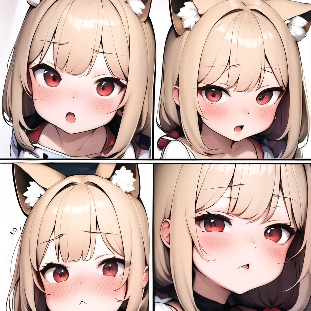 (masterpiece, best quality:1.2), Emoticon packages,red eyes,white hair,fox ears,pitiful,blush,looking down,multiple views
