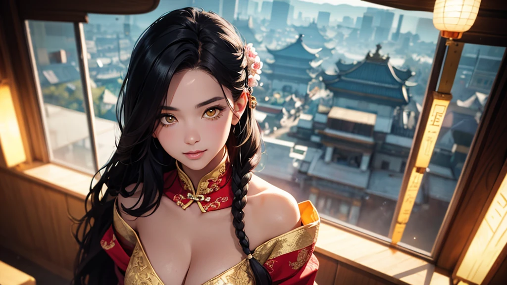 Beautiful Chinese woman with flirtatious smile, Wearing golden lace, red and yellow Hanfu, Drop your shoulders, seductive cleavage, Yellow eyes, Focus on the audience, state's, split, HD, UHD, Wallop, artistic sprout, long braid hair, grow long hair, realistic eyes, Very detailed目, natural skin, natural skin texture, Scattered under the surface, calm colors, skin pores, perfect face, perfect eyes, perfect lips, Soft female form, outstanding, cinematic, Cinema lights, Very detailed, surreal, masterpiece, in the atmosphere, High resolution, Lively, high contrast, Vignetting, 8K, HDR, 500 pixels, Look from above, bust