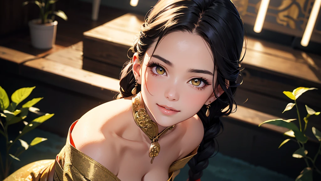 Beautiful Chinese woman with flirtatious smile, Wearing golden lace, red and yellow Hanfu, Drop your shoulders, seductive cleavage, Yellow eyes, Focus on the audience, state's, split, HD, UHD, Wallop, artistic sprout, long braid hair, grow long hair, realistic eyes, Very detailed目, natural skin, natural skin texture, Scattered under the surface, calm colors, skin pores, perfect face, perfect eyes, perfect lips, Soft female form, outstanding, cinematic, Cinema lights, Very detailed, surreal, masterpiece, in the atmosphere, High resolution, Lively, high contrast, Vignetting, 8K, HDR, 500 pixels, Look from above, bust