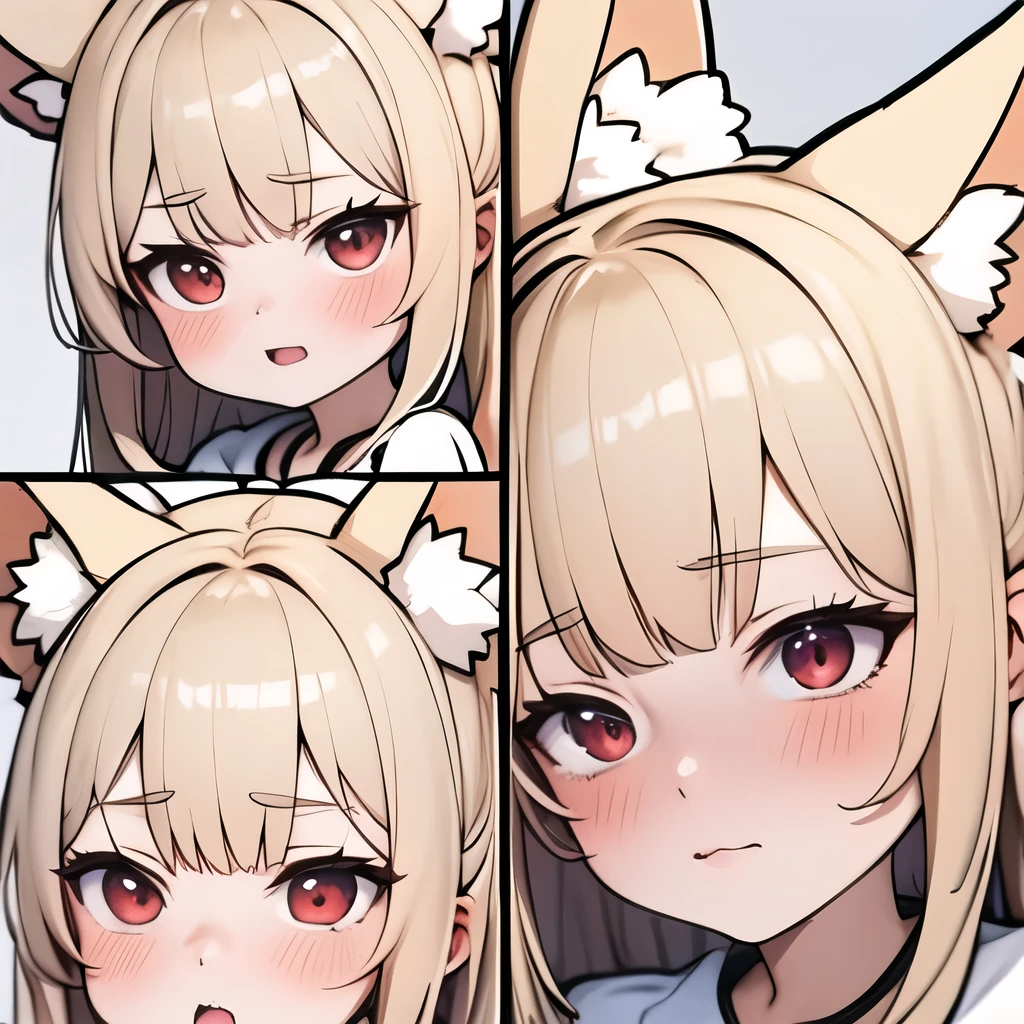 (masterpiece, best quality:1.2), Emoticon packages,red eyes，white hair，fox ears，pitiful，blush，looking down,multiple views